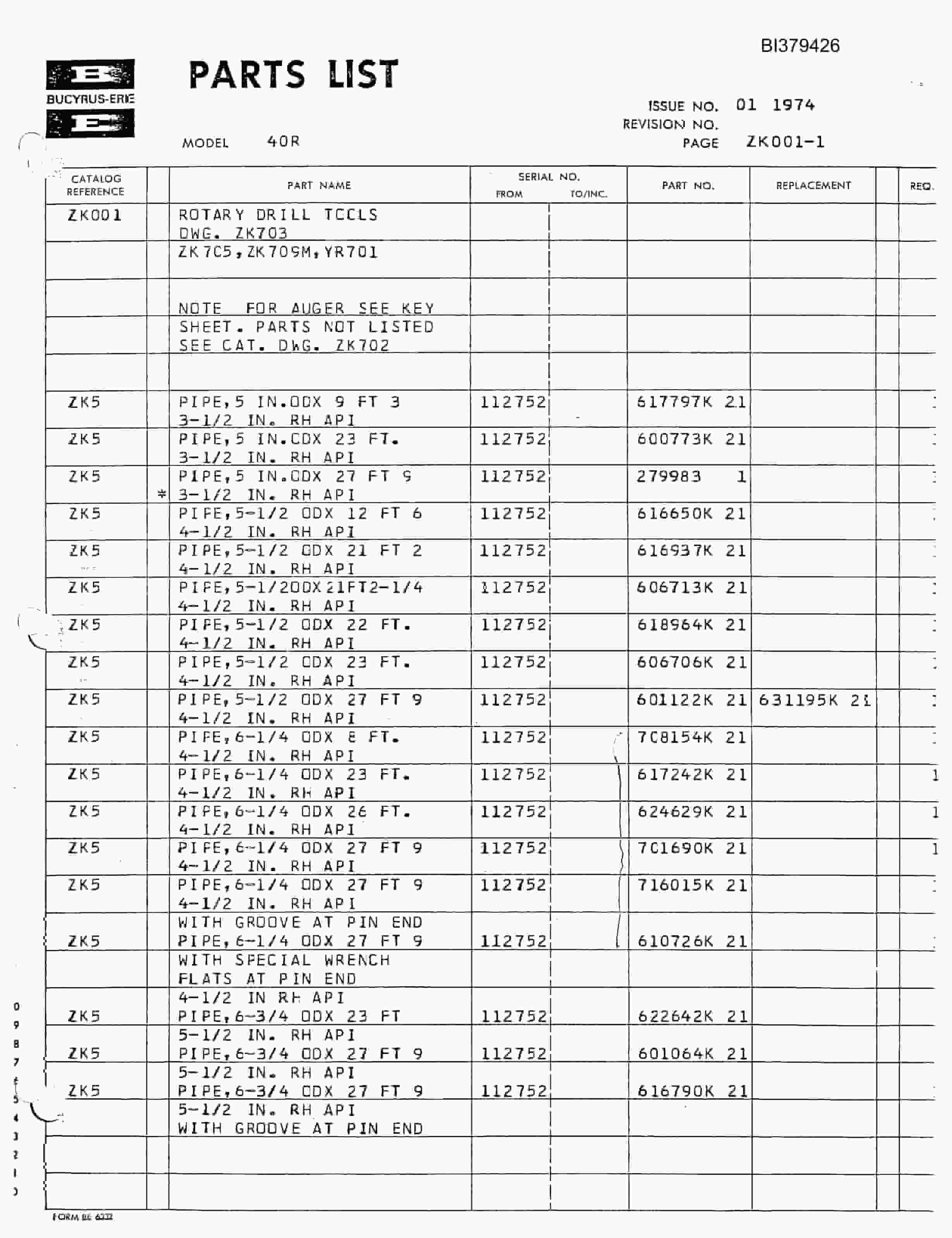 Bucyrus 40-R Rotary Drill Parts Catalog BI379426-5