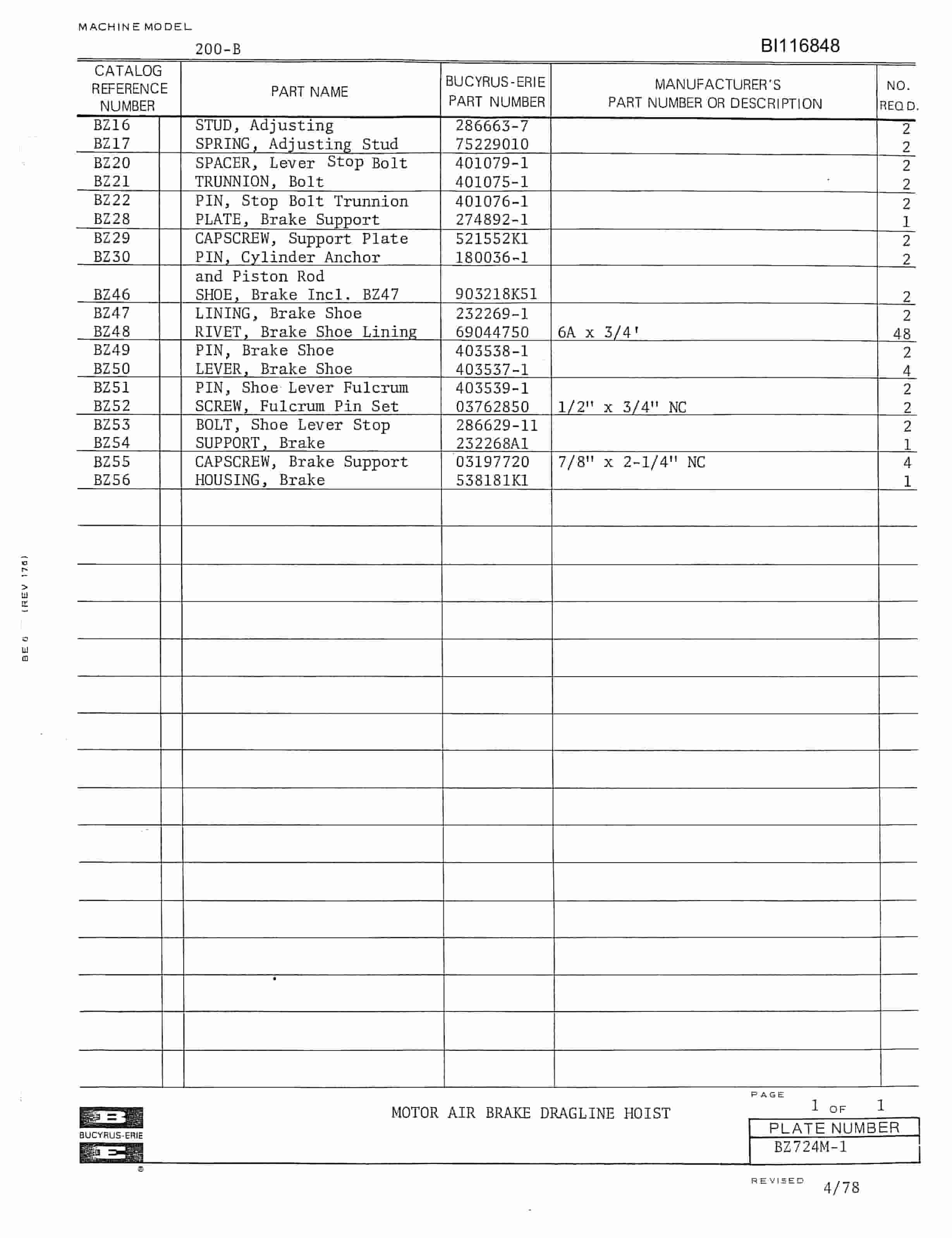 Bucyrus 40G901 Parts Catalog BI116848-2