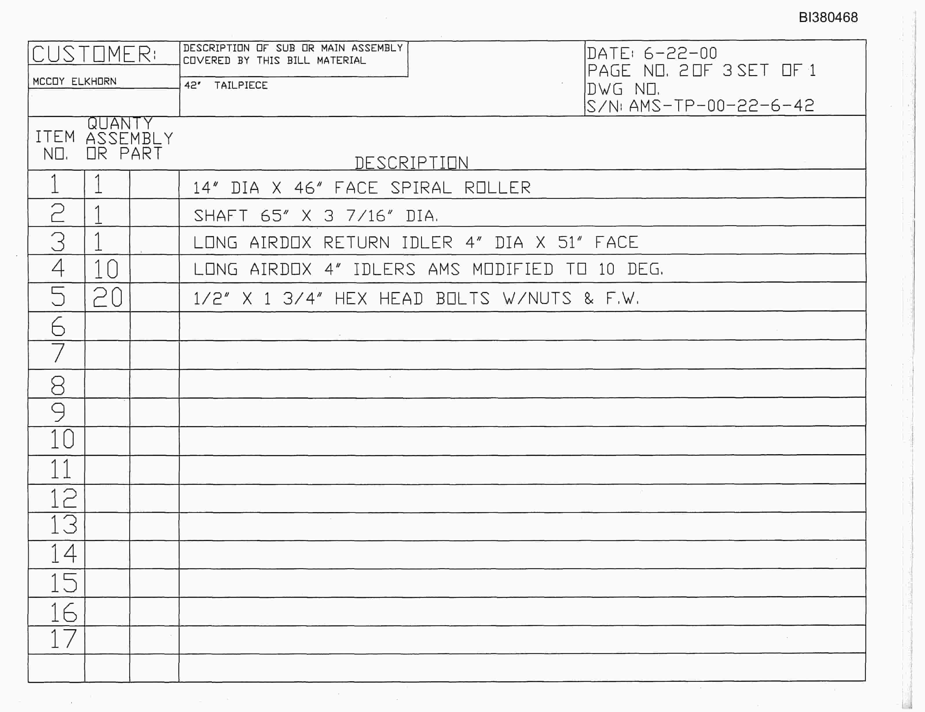 Bucyrus 42in SD 150, Tailpiece Parts Catalog BI380468-4