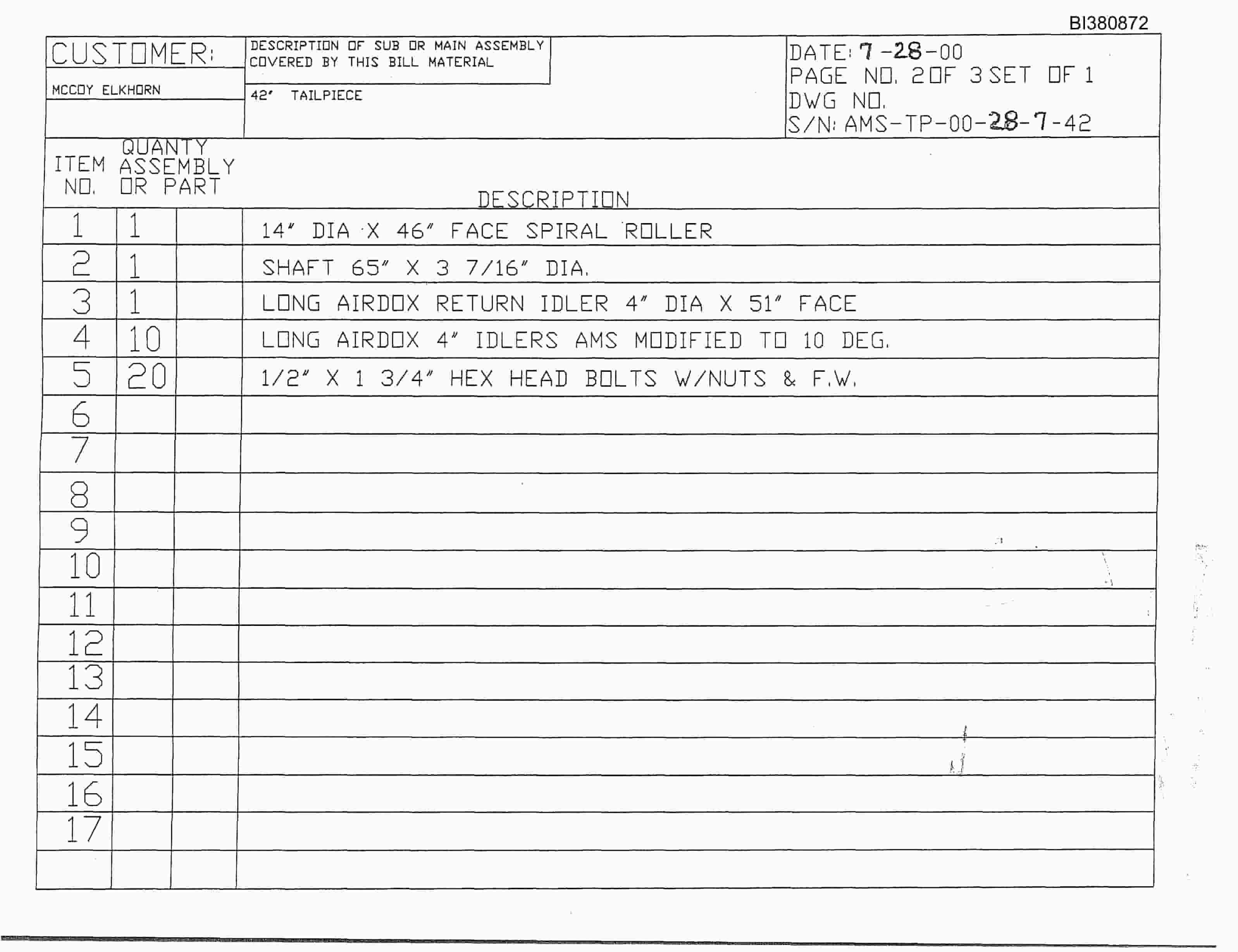 Bucyrus 42in SDC 150HP, Tailpiece Parts Catalog BI380872-3