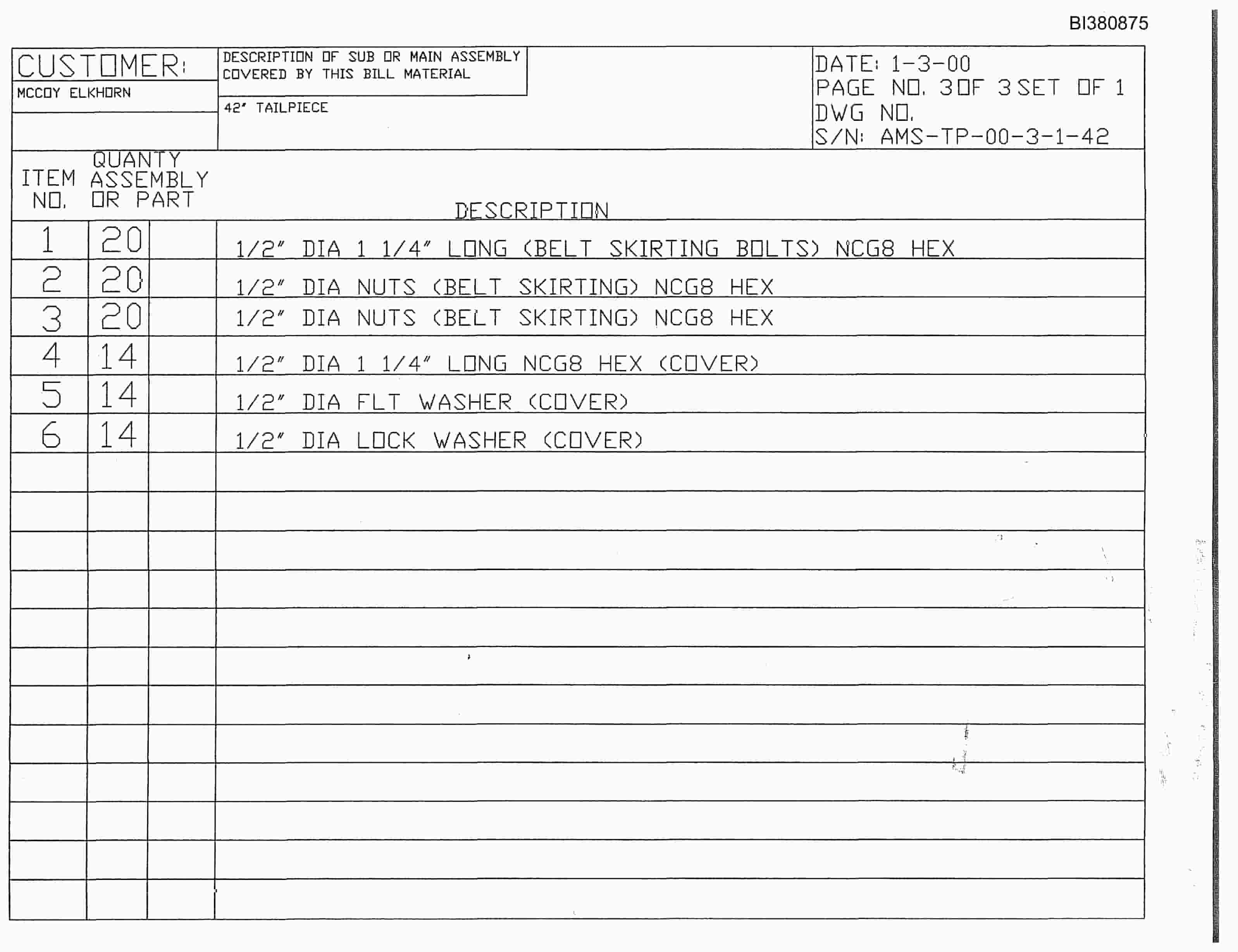 Bucyrus 42in Single 150HP Drive, Tailpiece Parts Catalog BI380875-5