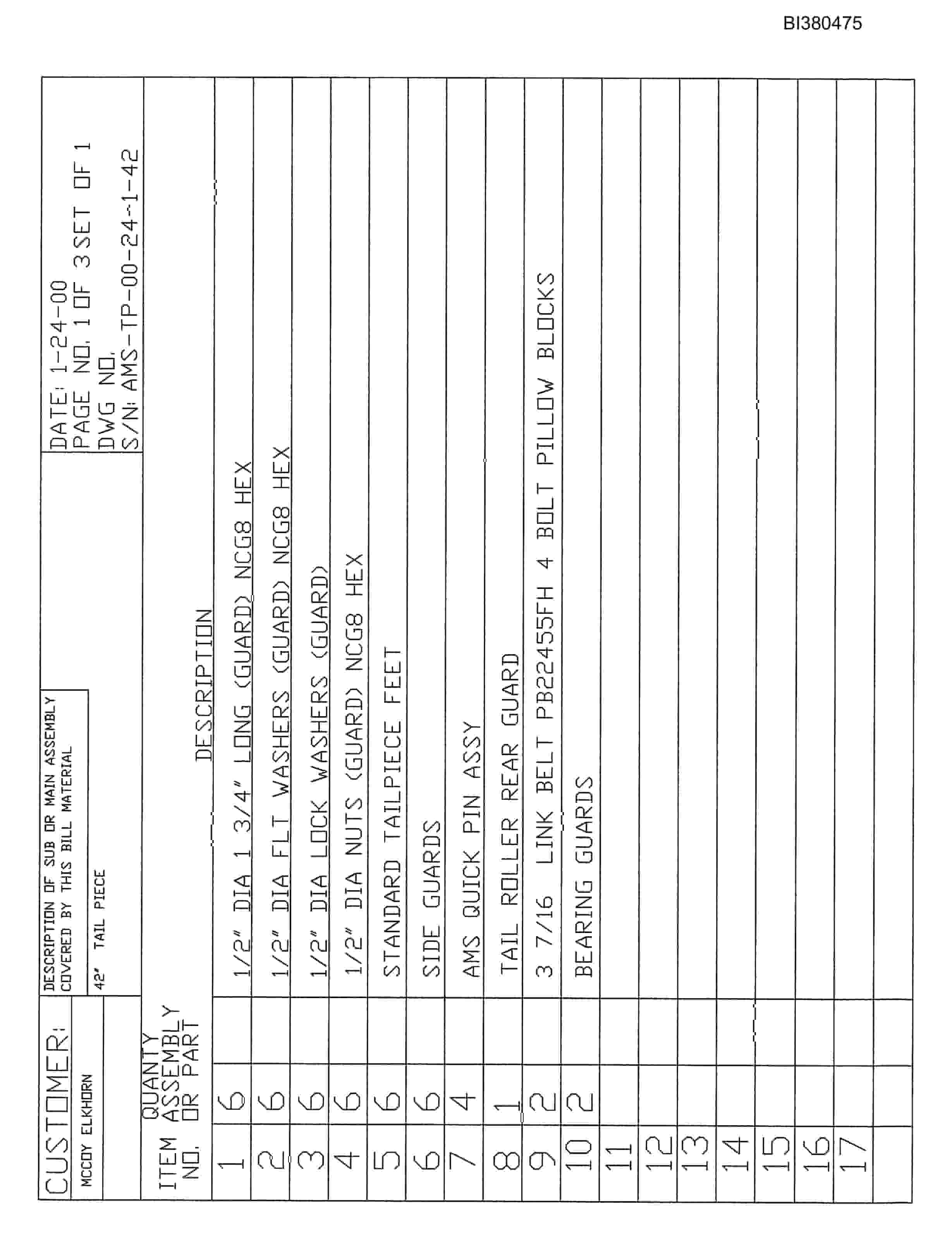 Bucyrus 42in Single 150HP, Tailpiece Parts Catalog BI380475-2