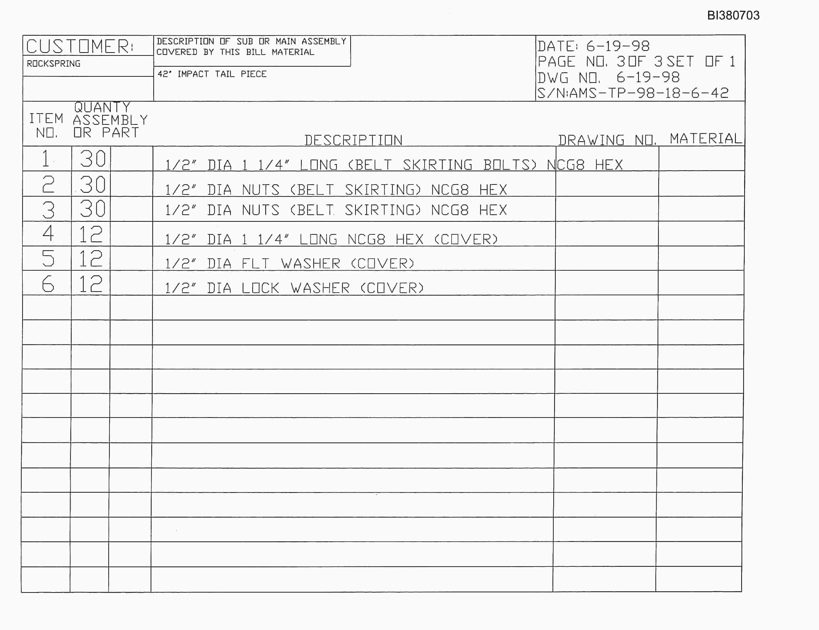 Bucyrus 42in Single Drive, Tailpiece, Take-Up Parts Catalog BI380703-3