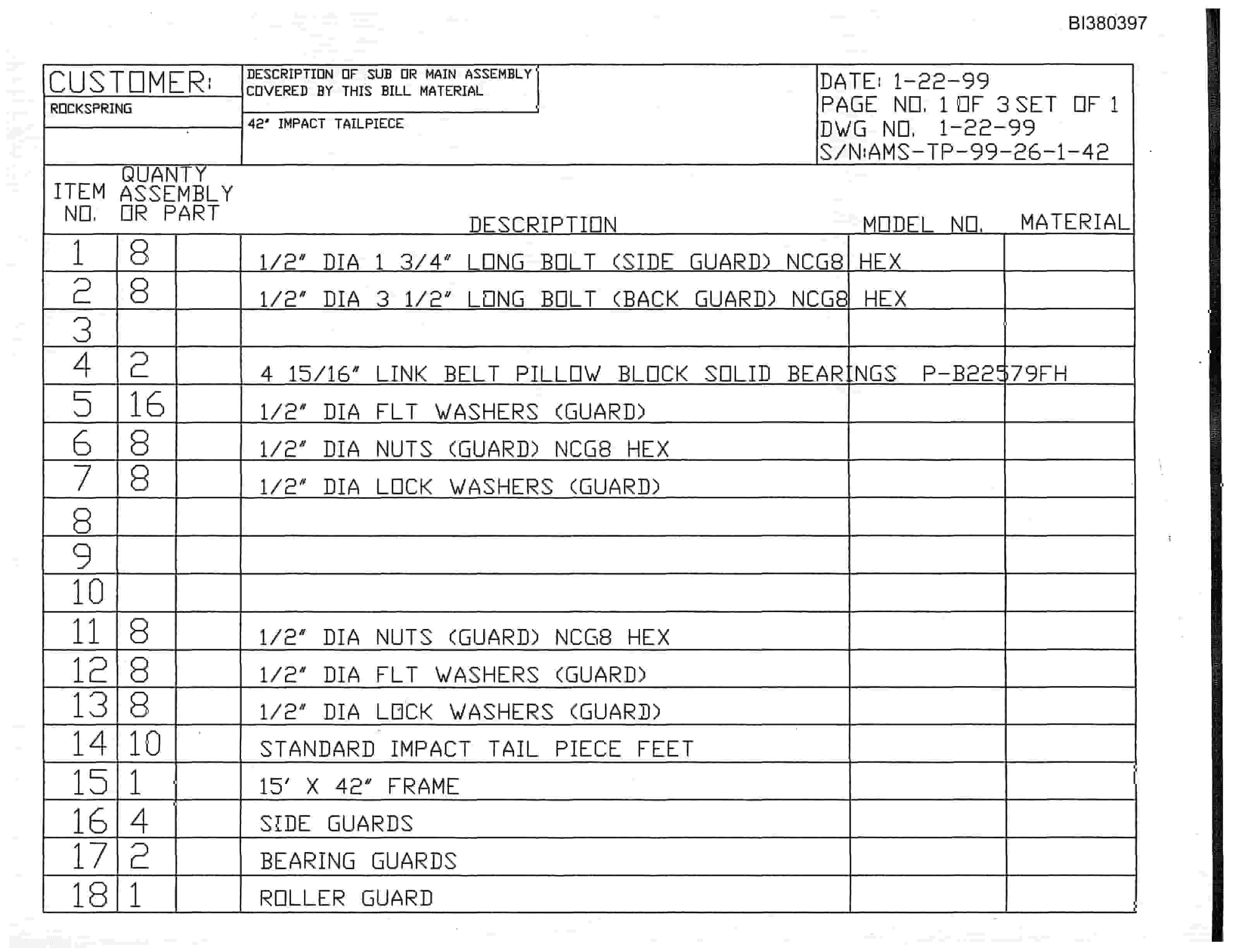 Bucyrus 42in Tailpiece Parts Catalog BI380397-2