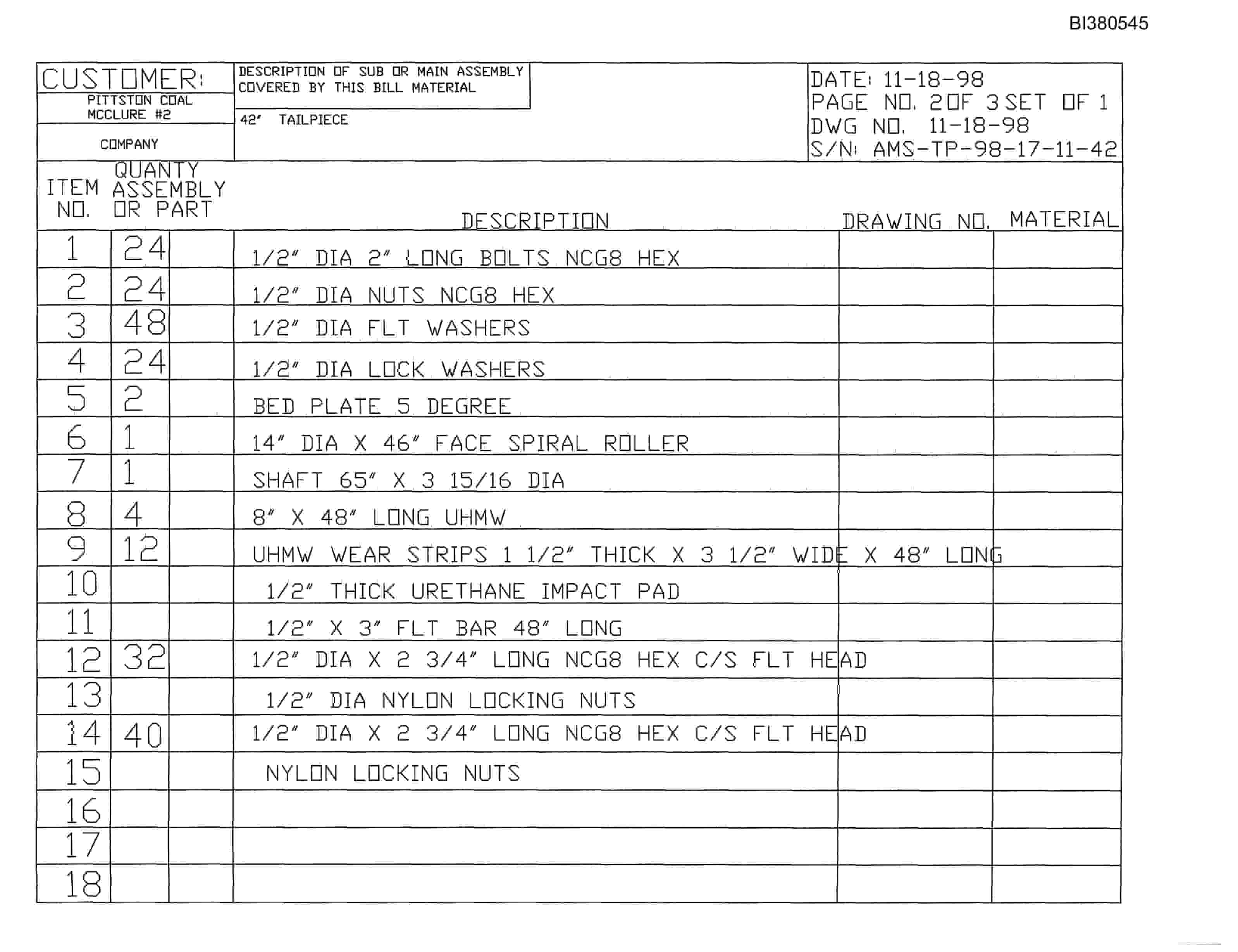 Bucyrus 42in Tailpiece Parts Catalog BI380545-2