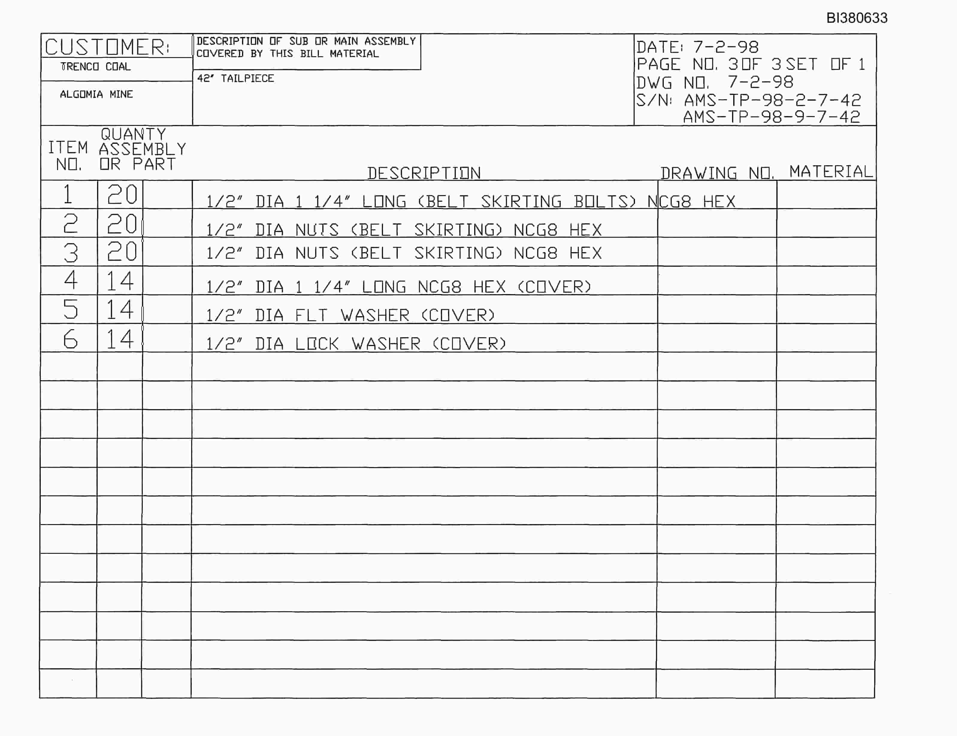Bucyrus 42in Tailpiece Parts Catalog BI380633-3