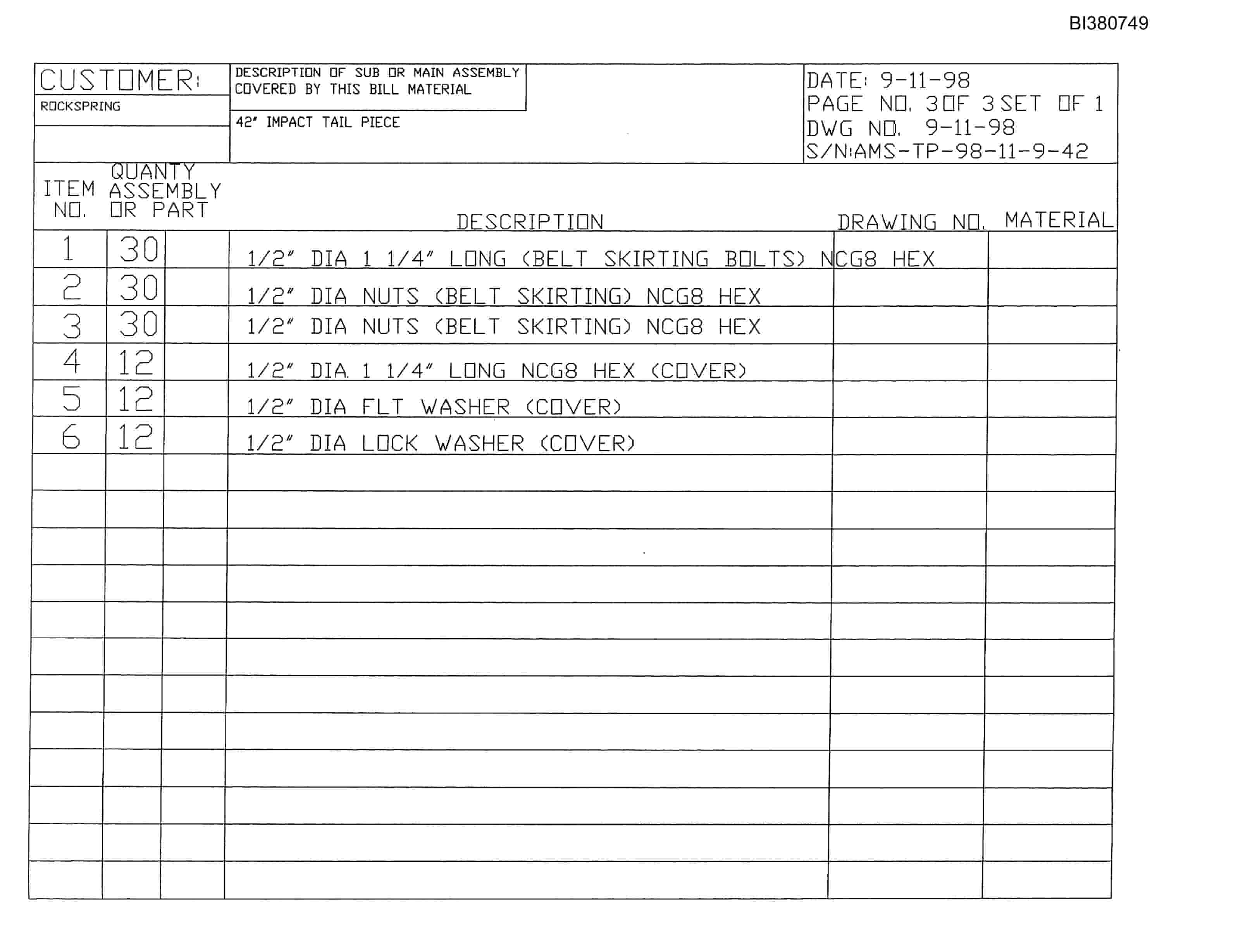Bucyrus 42in Tailpiece Parts Catalog BI380749-5