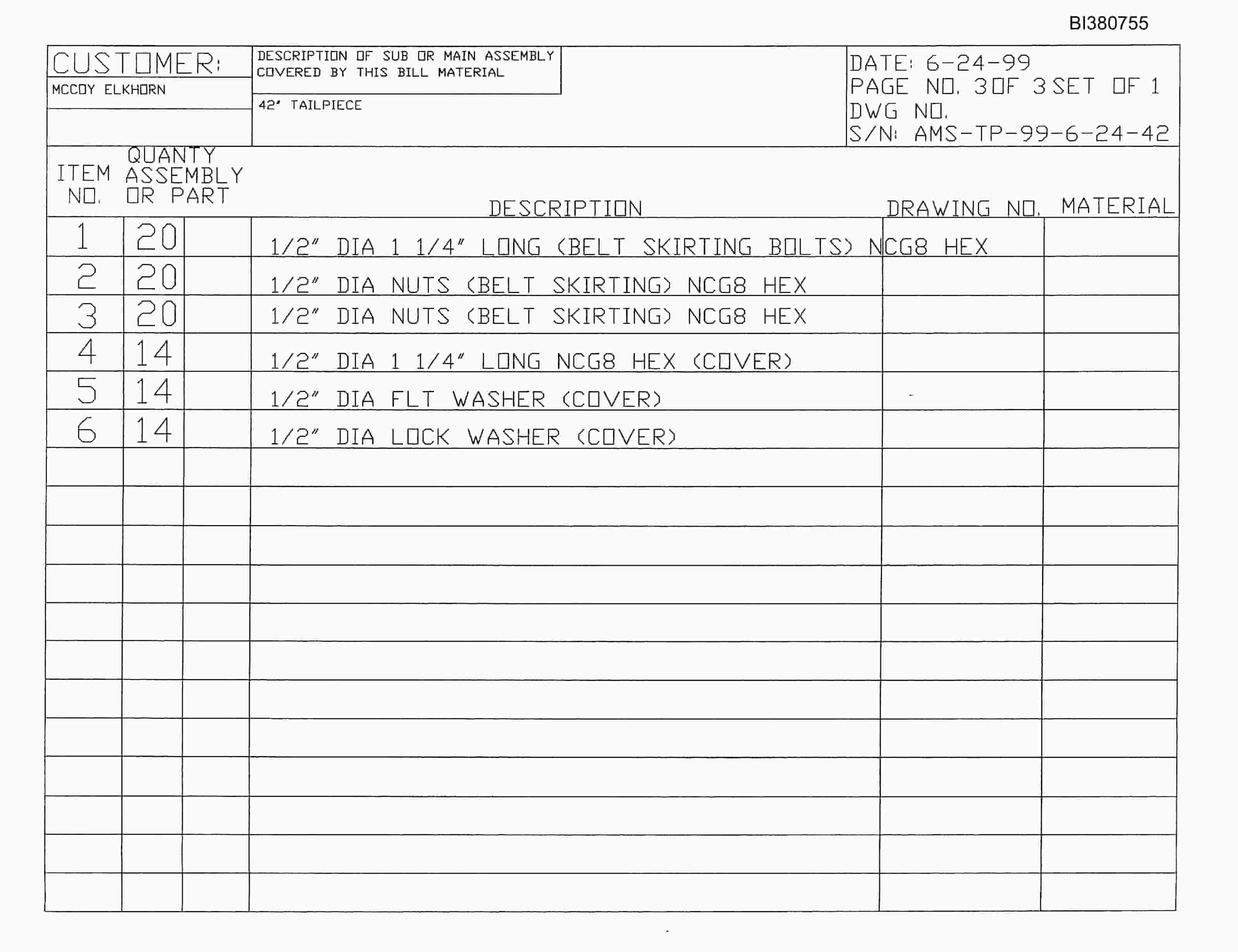 Bucyrus 42in Tailpiece Parts Catalog BI380755-4