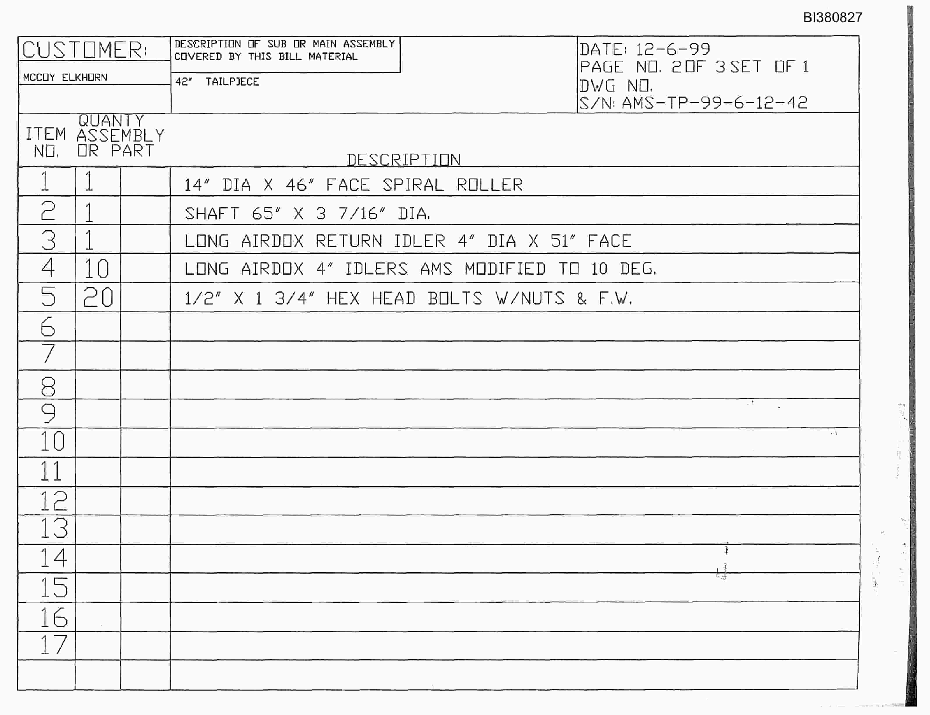 Bucyrus 42in Tailpiece Parts Catalog BI380827-3