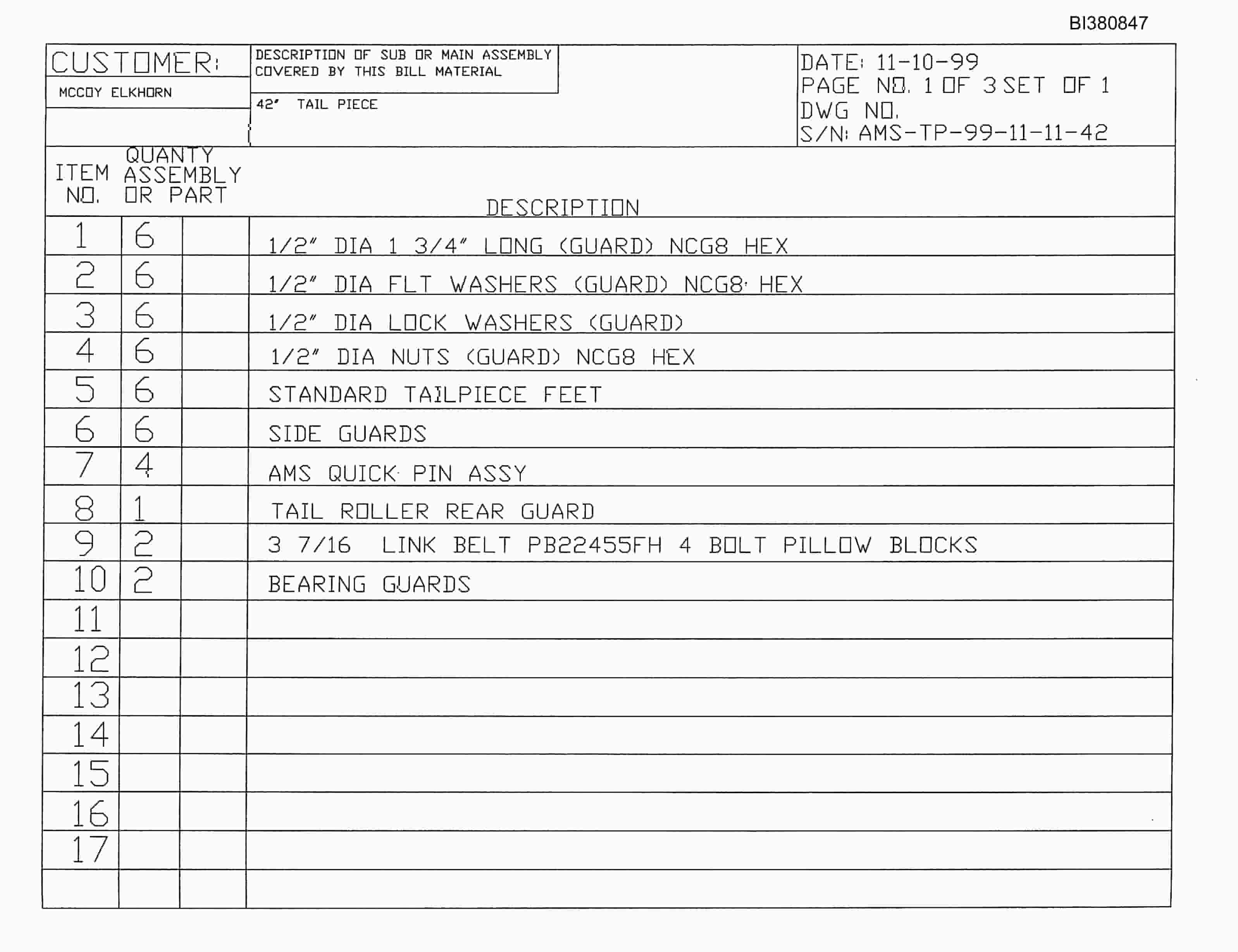 Bucyrus 42in Tailpiece Parts Catalog BI380847-2