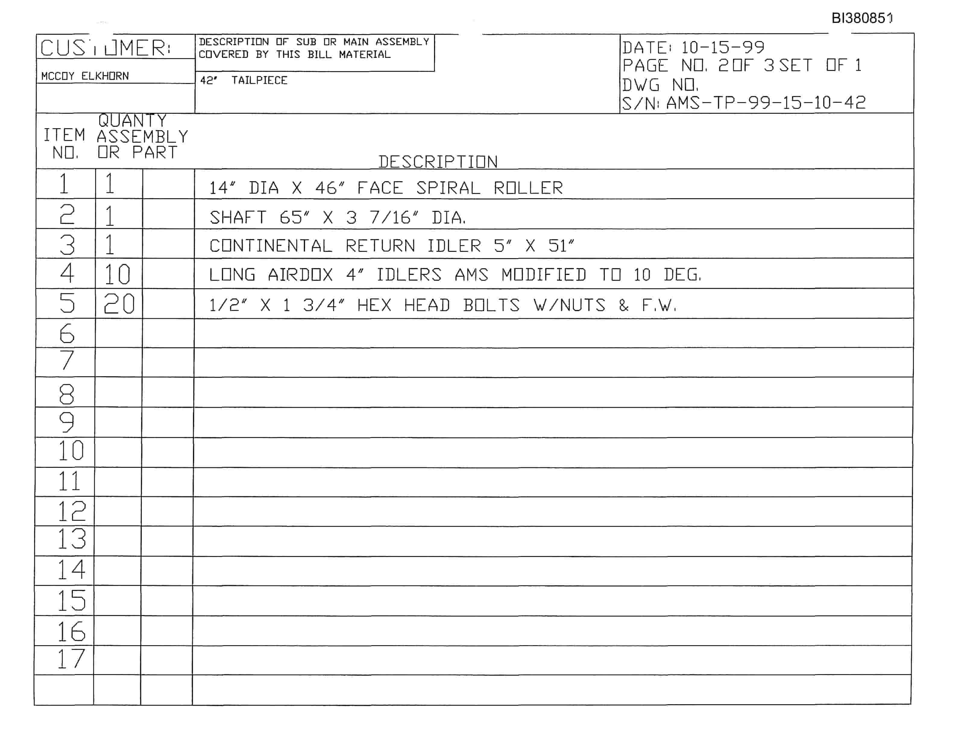Bucyrus 42in Tailpiece Parts Catalog BI380851-3