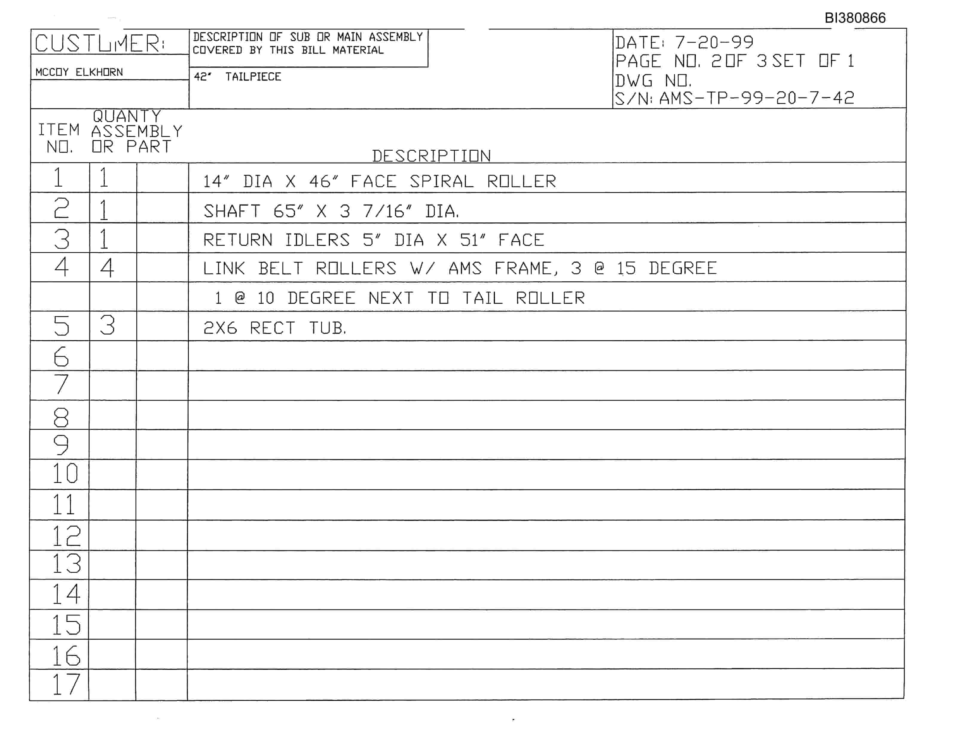 Bucyrus 42in Tailpiece Parts Catalog BI380866-4