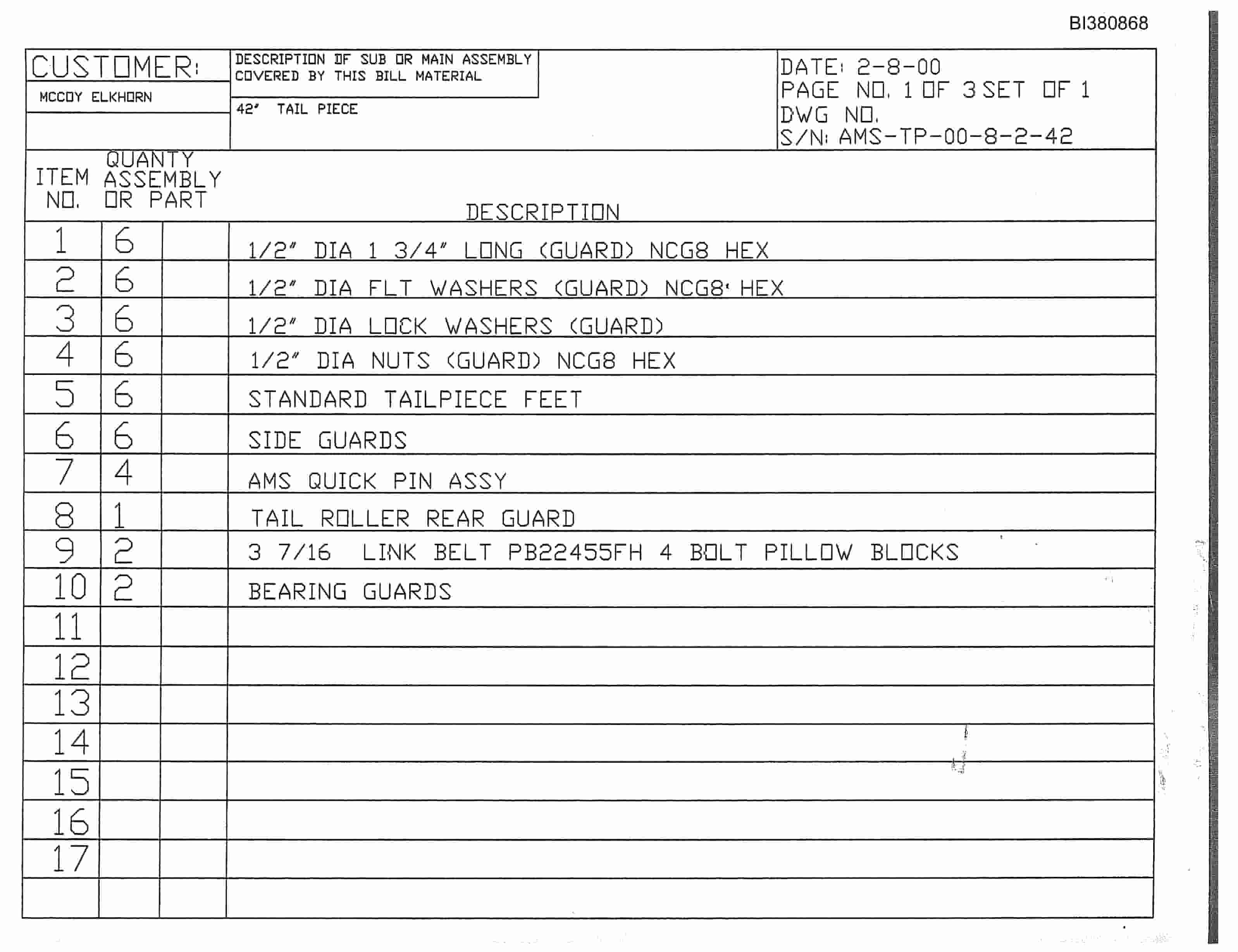 Bucyrus 42in Tailpiece Parts Catalog BI380868-2