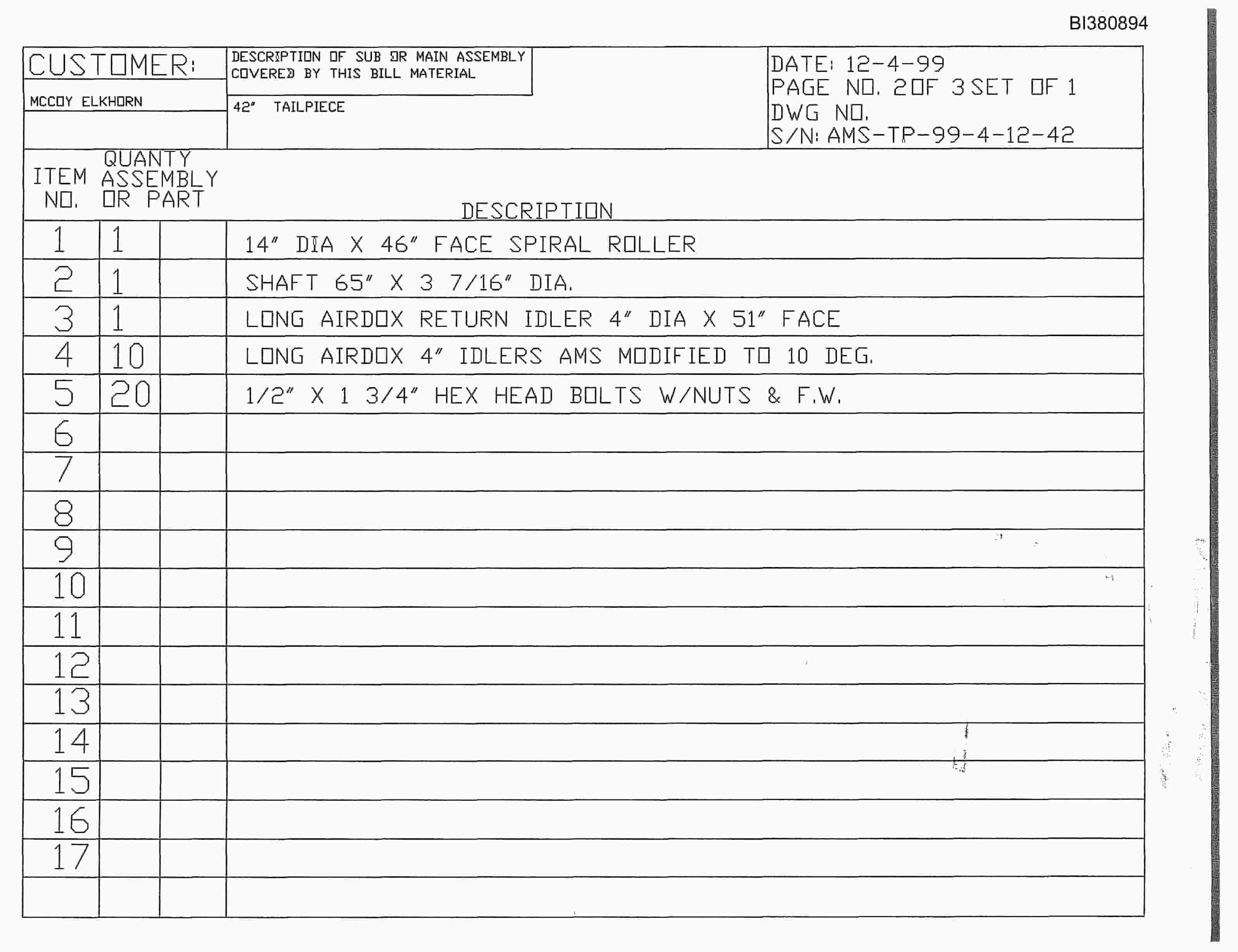 Bucyrus 42in Tailpiece Parts Catalog BI380894-3