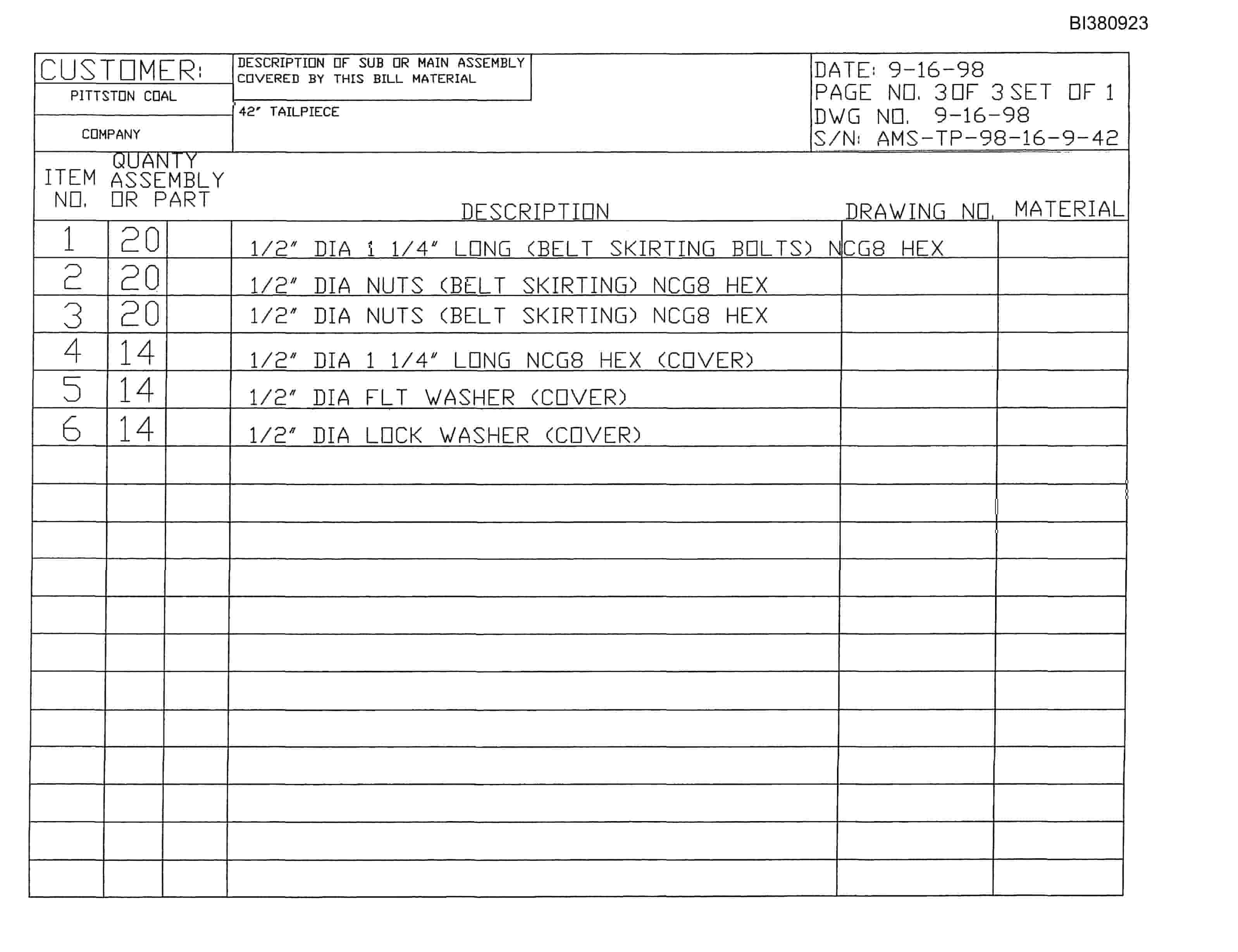 Bucyrus 42in Tailpiece Parts Catalog BI380923-4