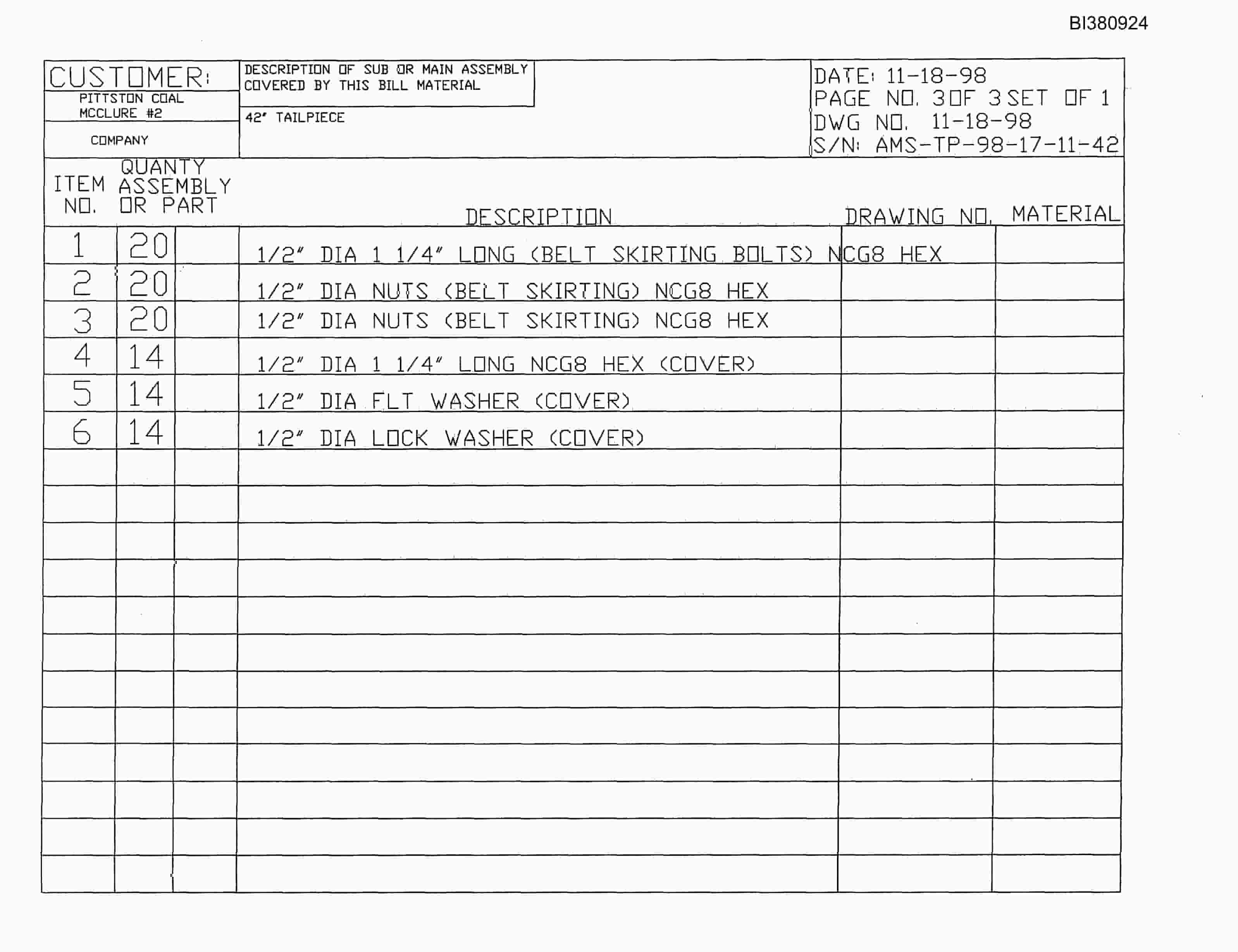 Bucyrus 42in Tailpiece Parts Catalog BI380924-4