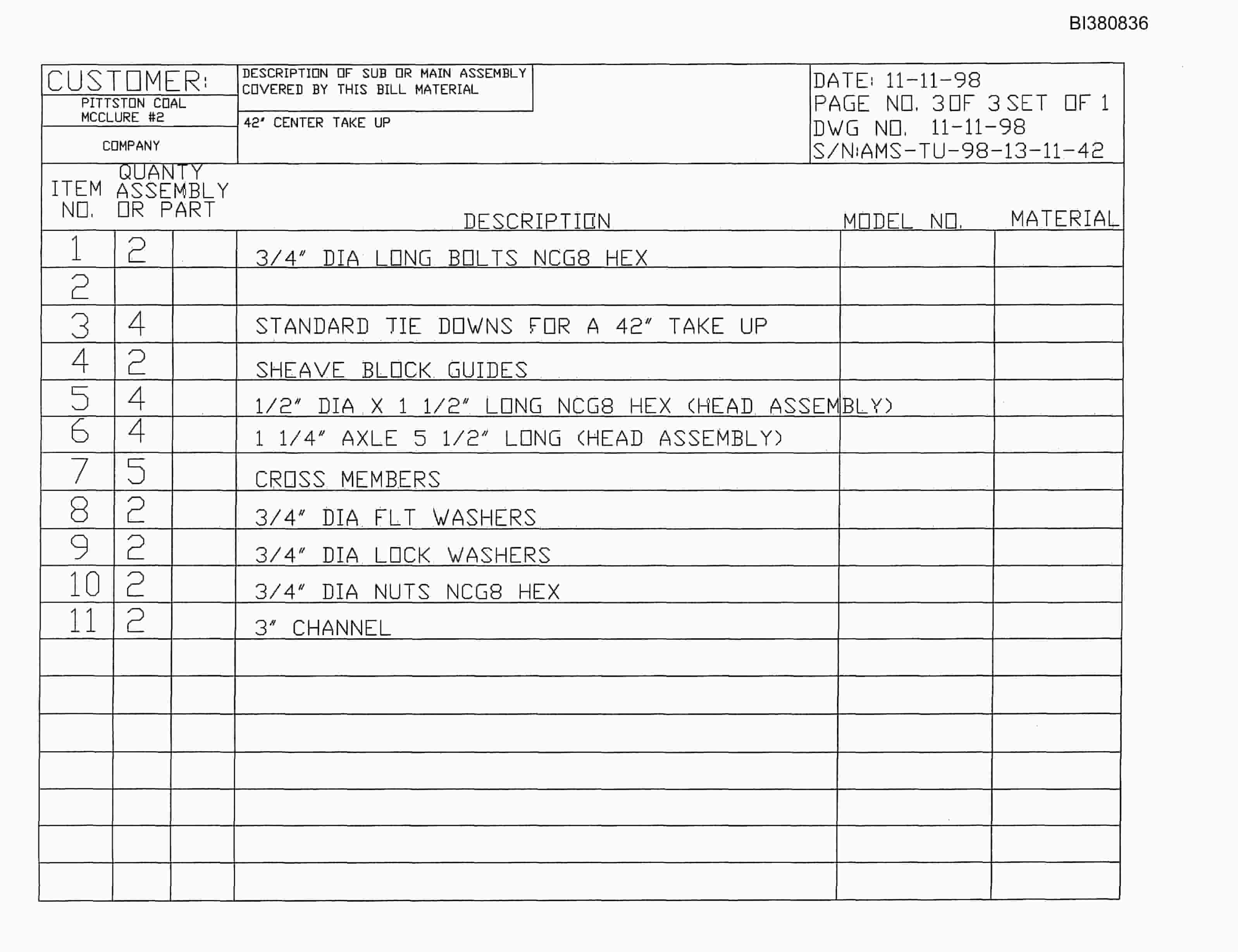 Bucyrus 42in Take-Up Parts Catalog BI380836-4