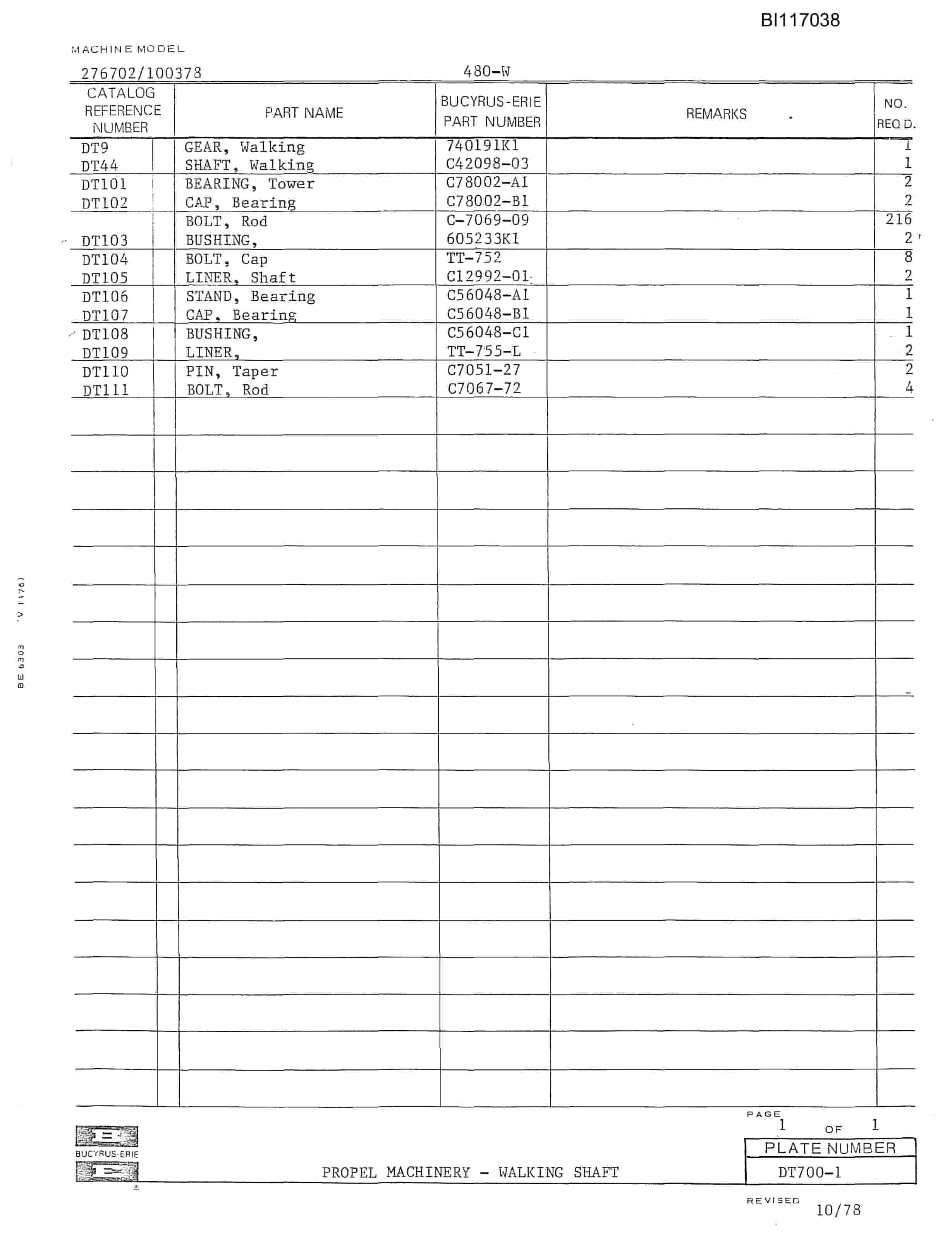 Bucyrus 480-W Walking Dragline Parts Catalog BI117038-2