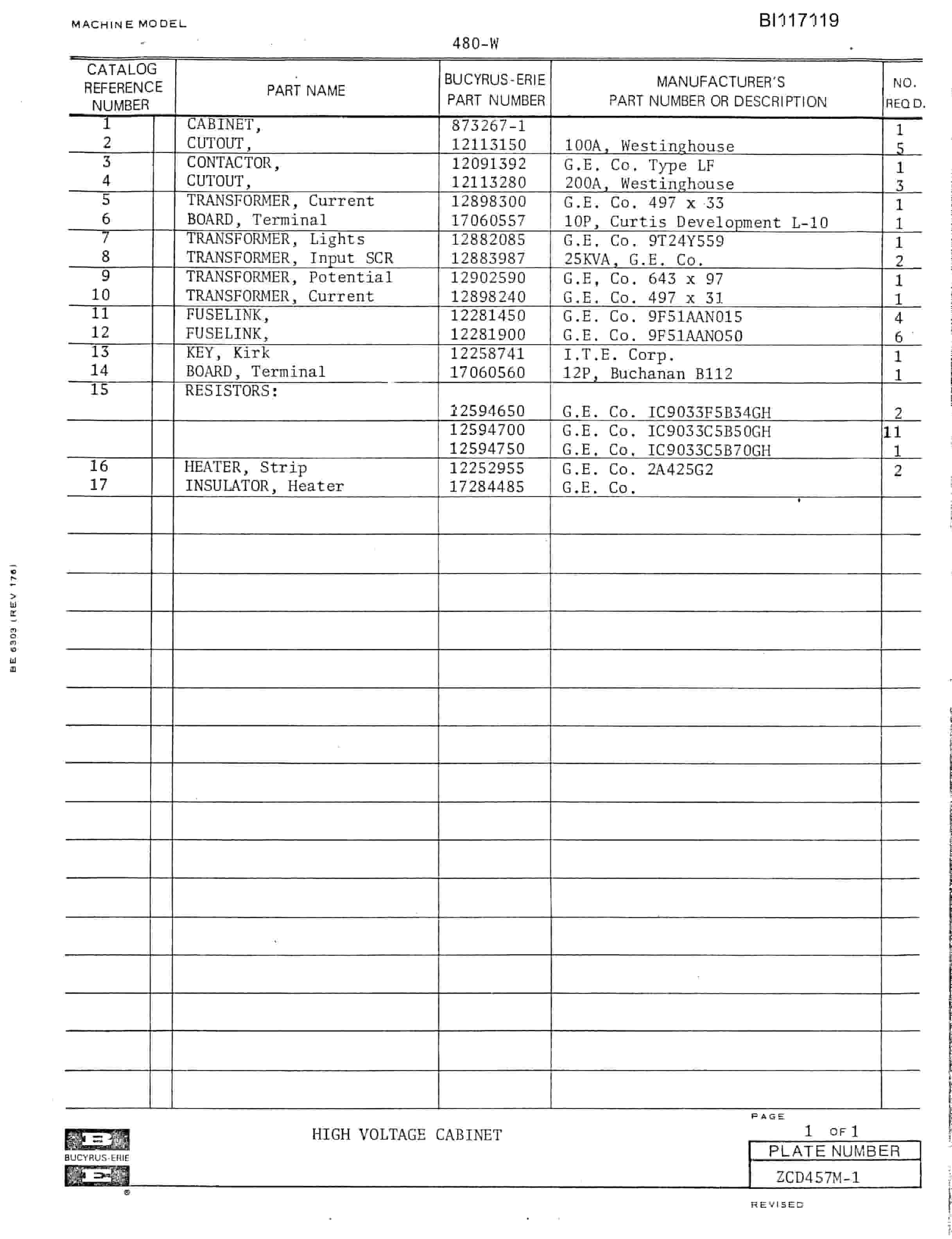 Bucyrus 480W Electrical Parts Catalog BI117119-4