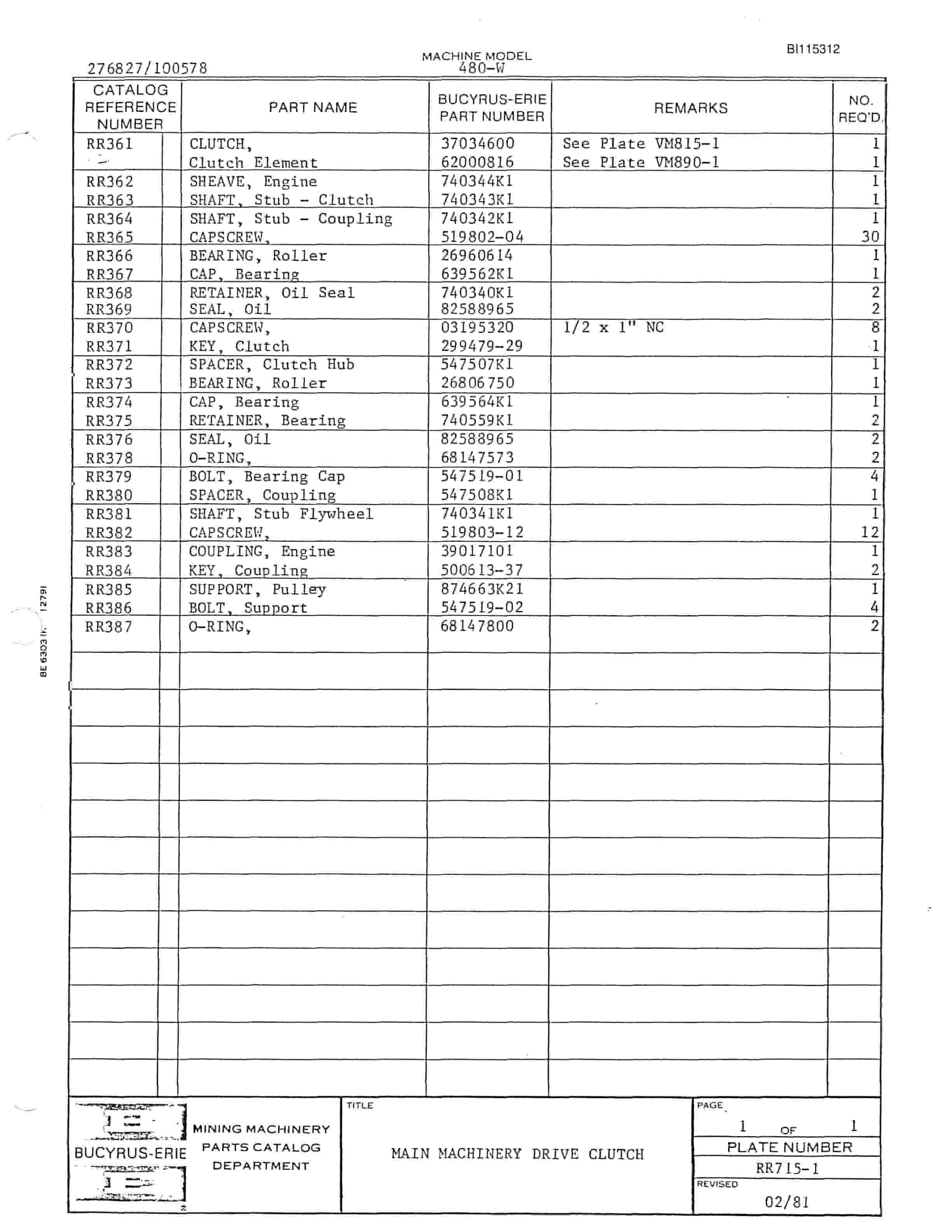 Bucyrus 480W Walking Dragline Parts Catalog BI115312-5