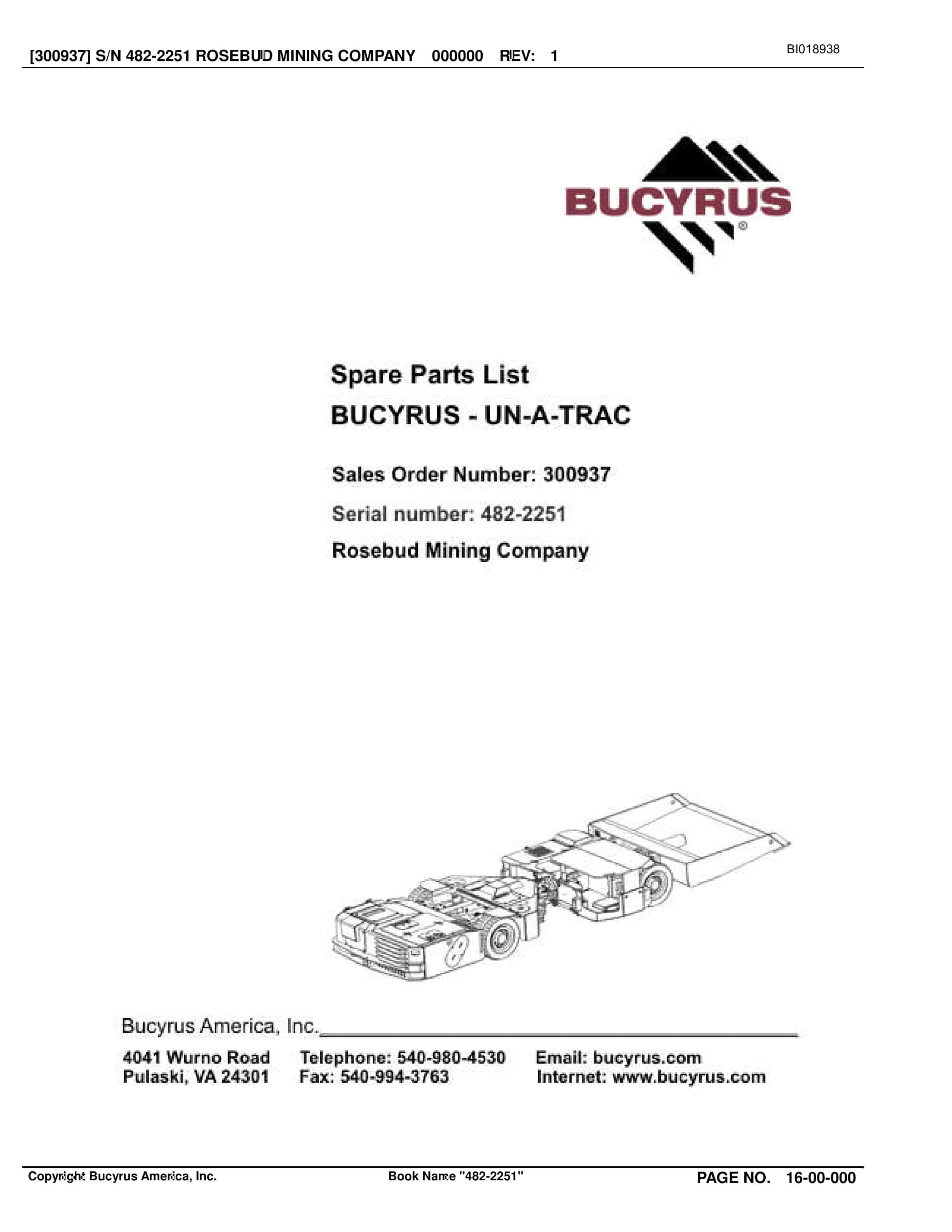 Bucyrus 482-2251 Rosebud Mining Company Spare Parts List BI018938