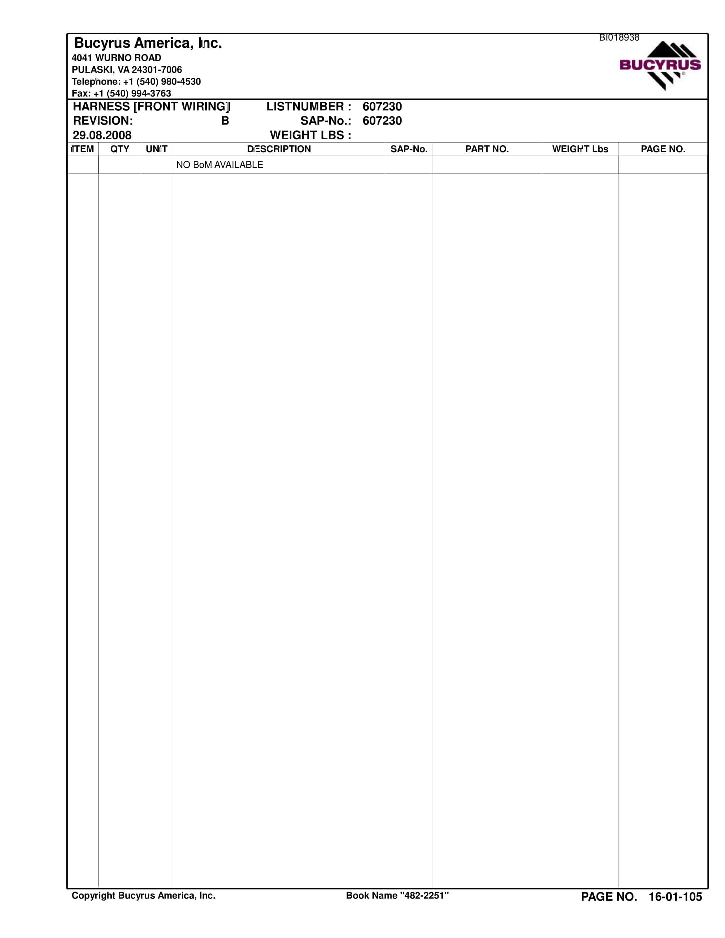 Bucyrus 482-2251 Rosebud Mining Company Spare Parts List BI018938-2