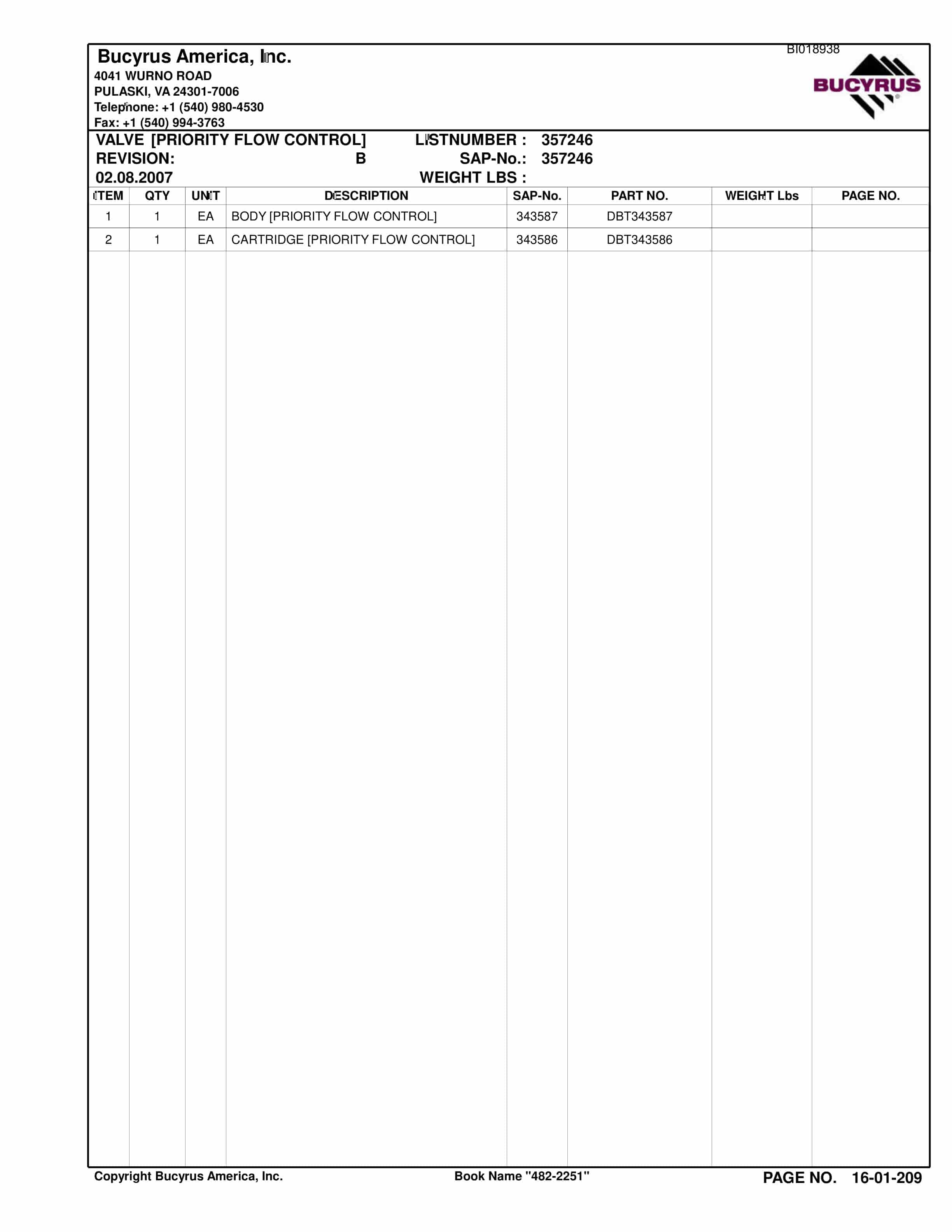 Bucyrus 482-2251 Rosebud Mining Company Spare Parts List BI018938-3
