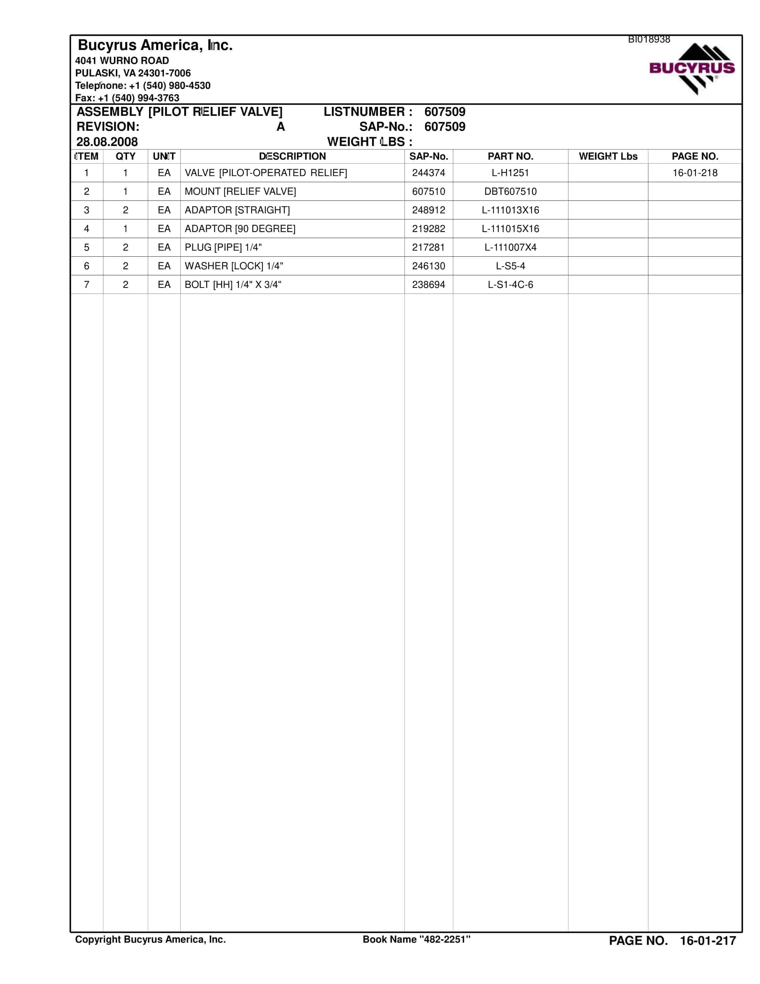 Bucyrus 482-2251 Rosebud Mining Company Spare Parts List BI018938-4