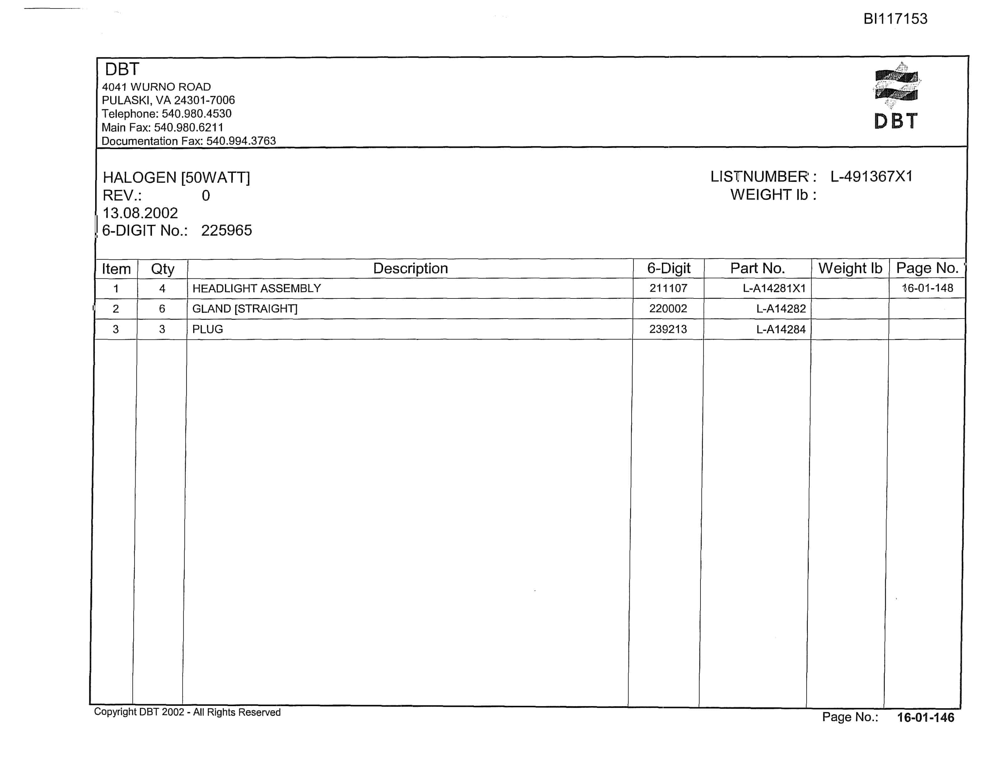 Bucyrus 488-2495 Parts Catalog BI117153-2