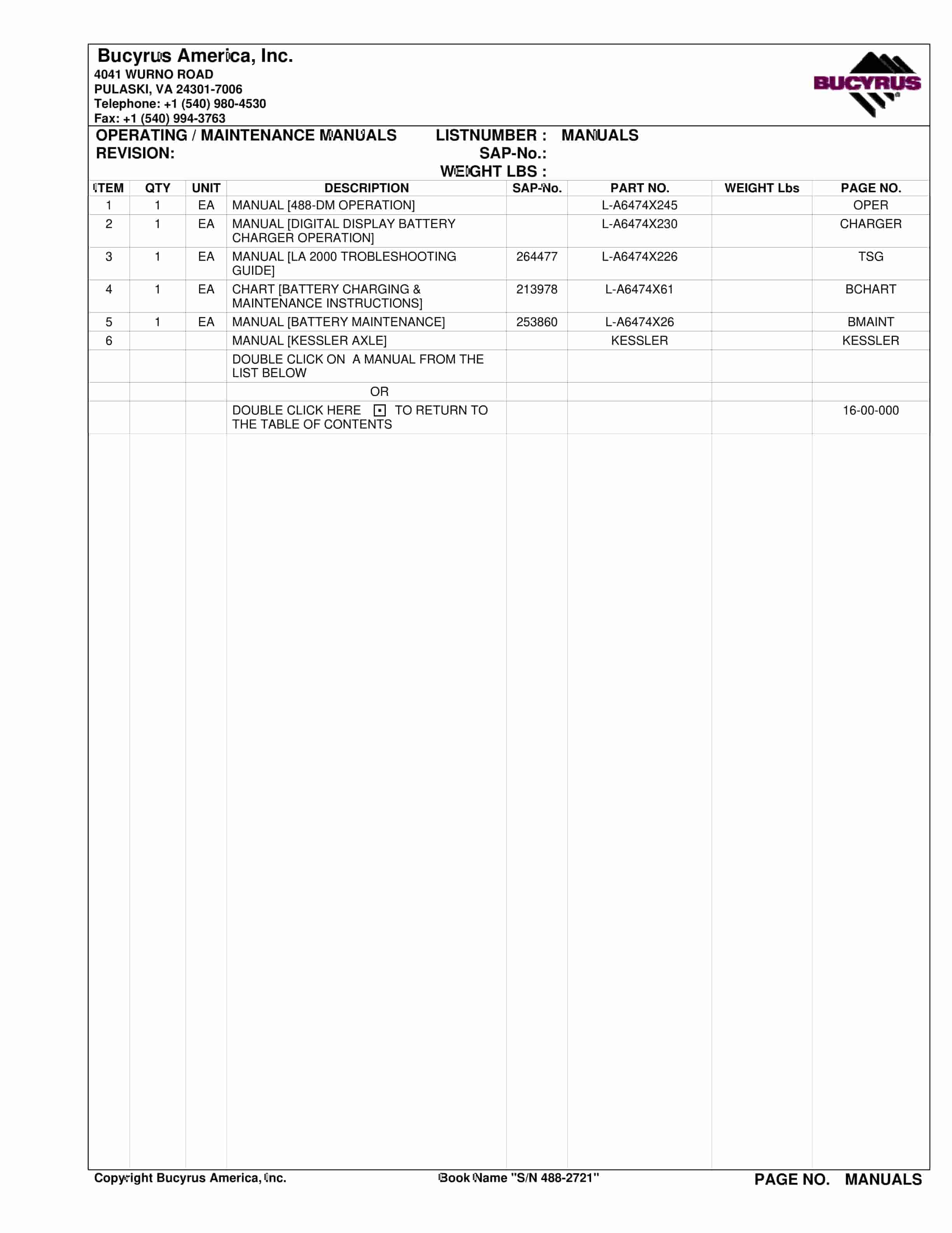 Bucyrus 488-2721 Kingwood Mining Company LLC Spare Parts List BI018946-3