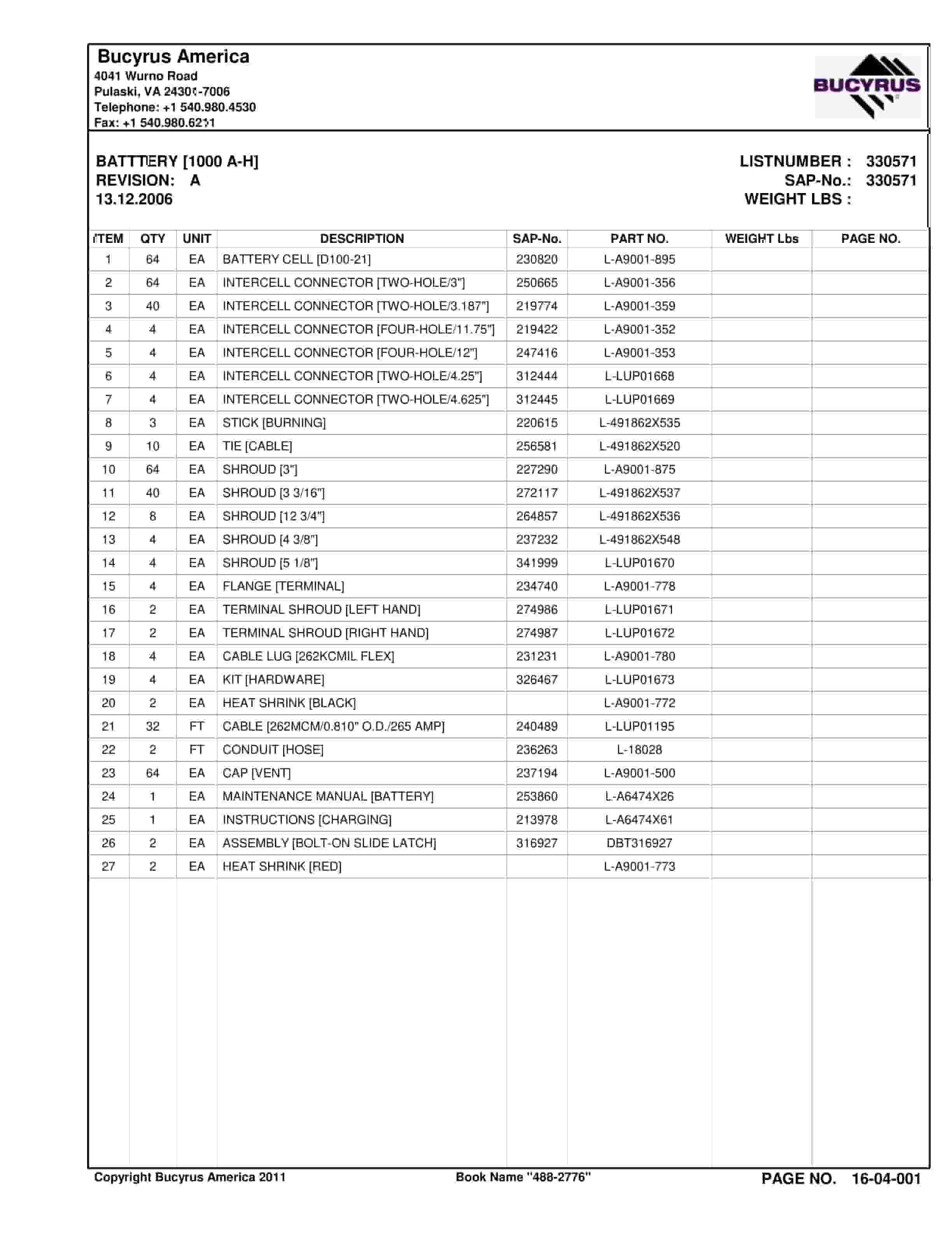Bucyrus 488-2776 ICG Illinois LLC Spare Parts List BI016823-2