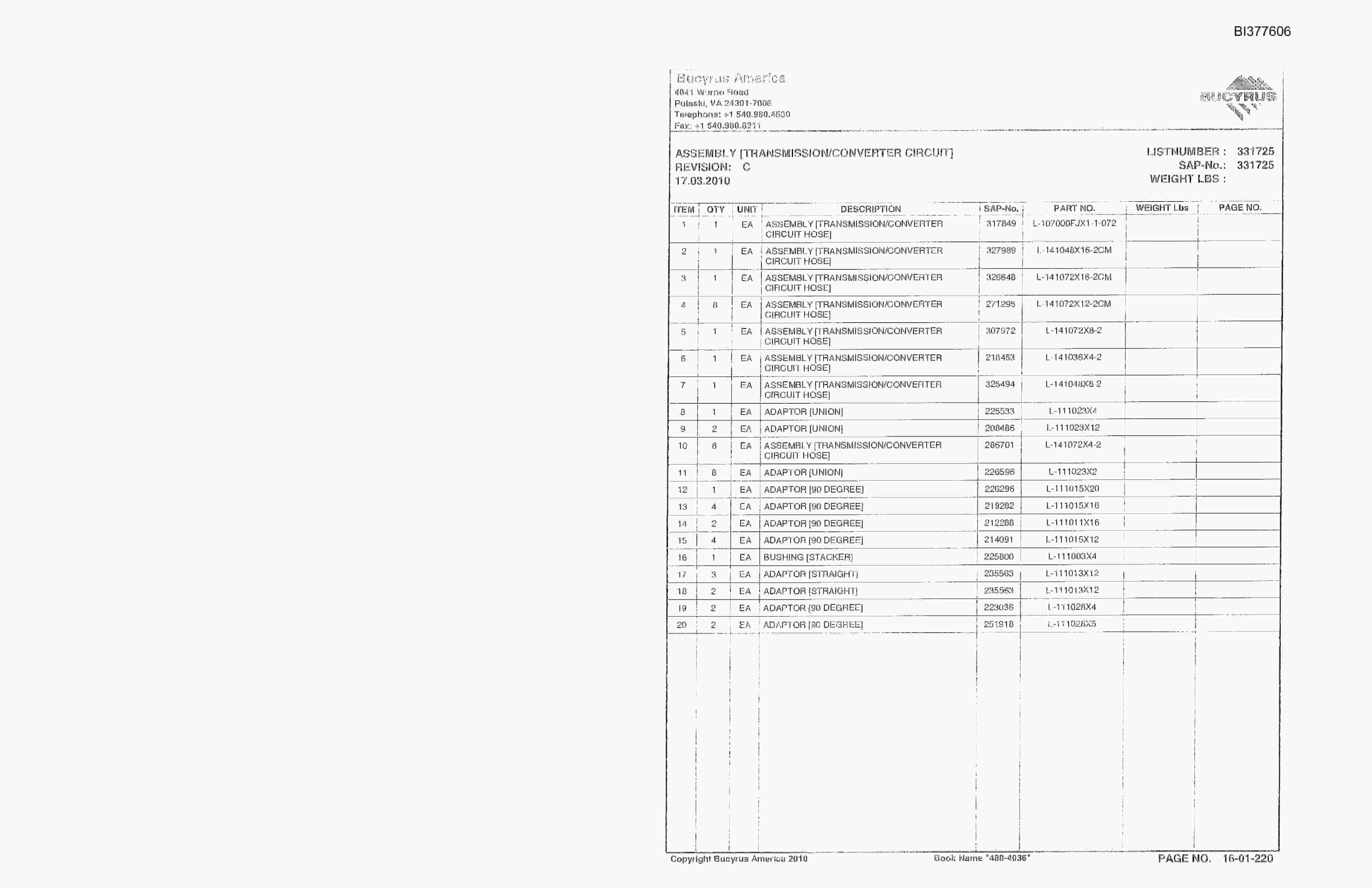 Bucyrus 488-4036 Un-A-Trac Parts Catalog BI377606-4
