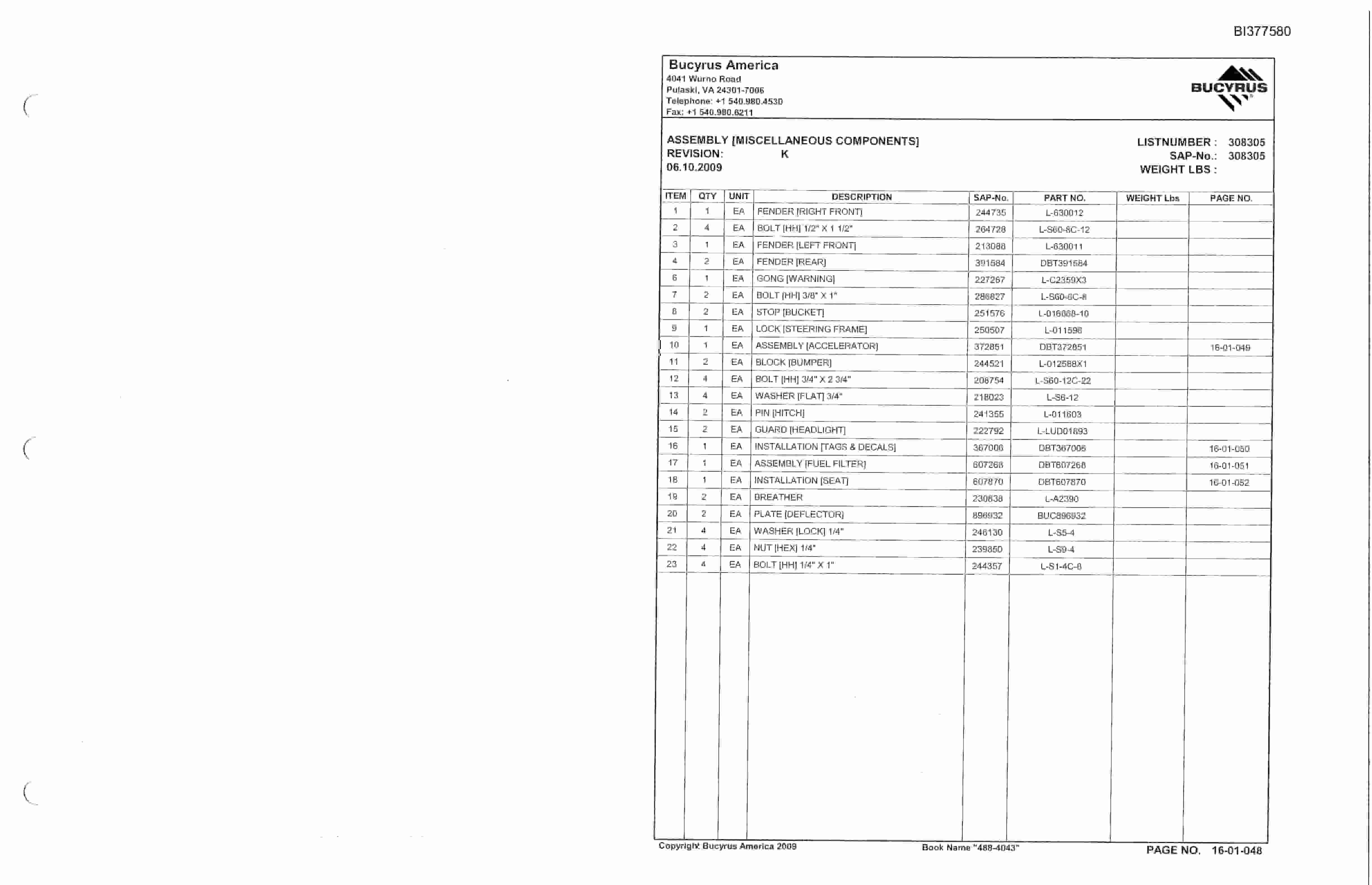 Bucyrus 488-4043 Un-A-Trac Parts Catalog BI377580-2