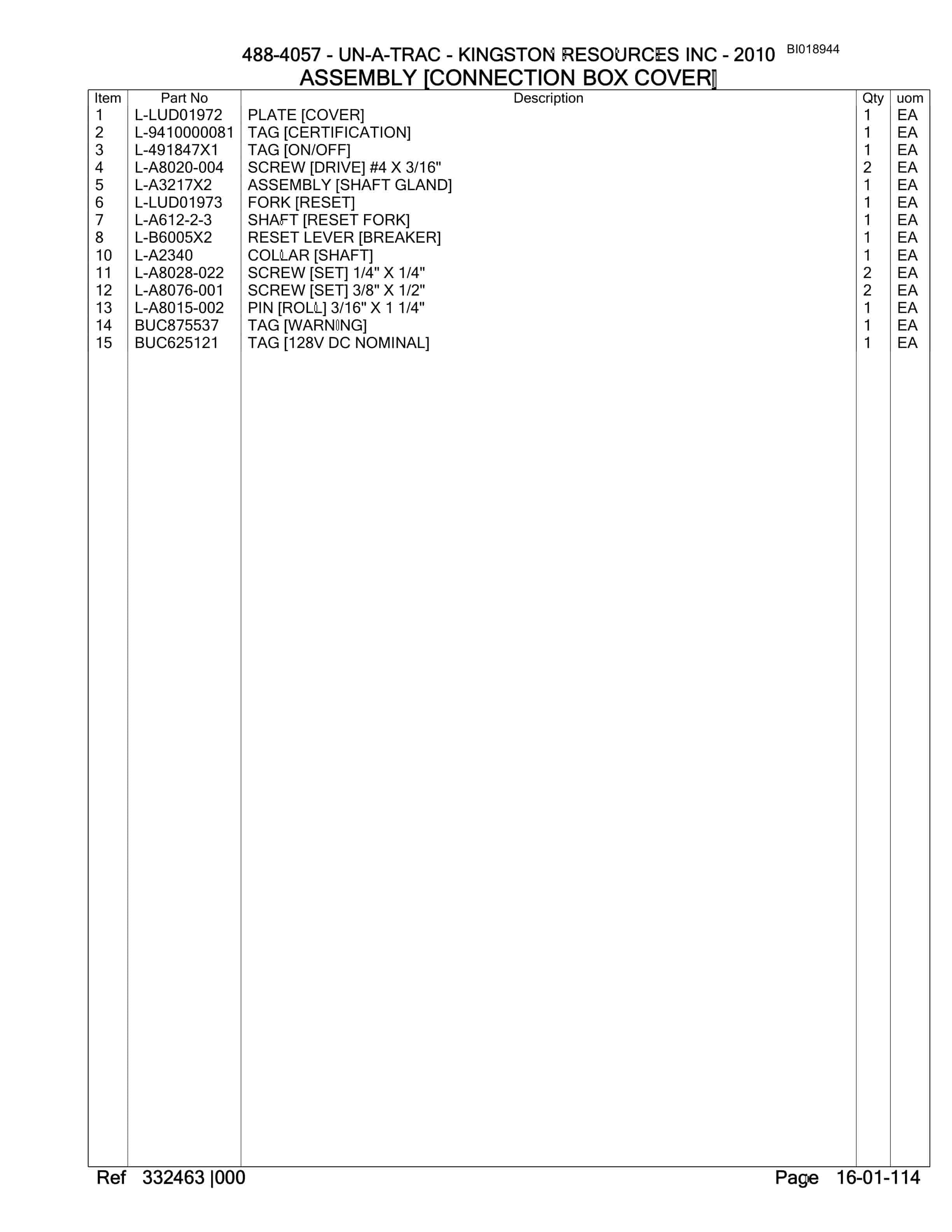 Bucyrus 488-4057 Kingston Resources Inc Spare Parts List BI018944-2