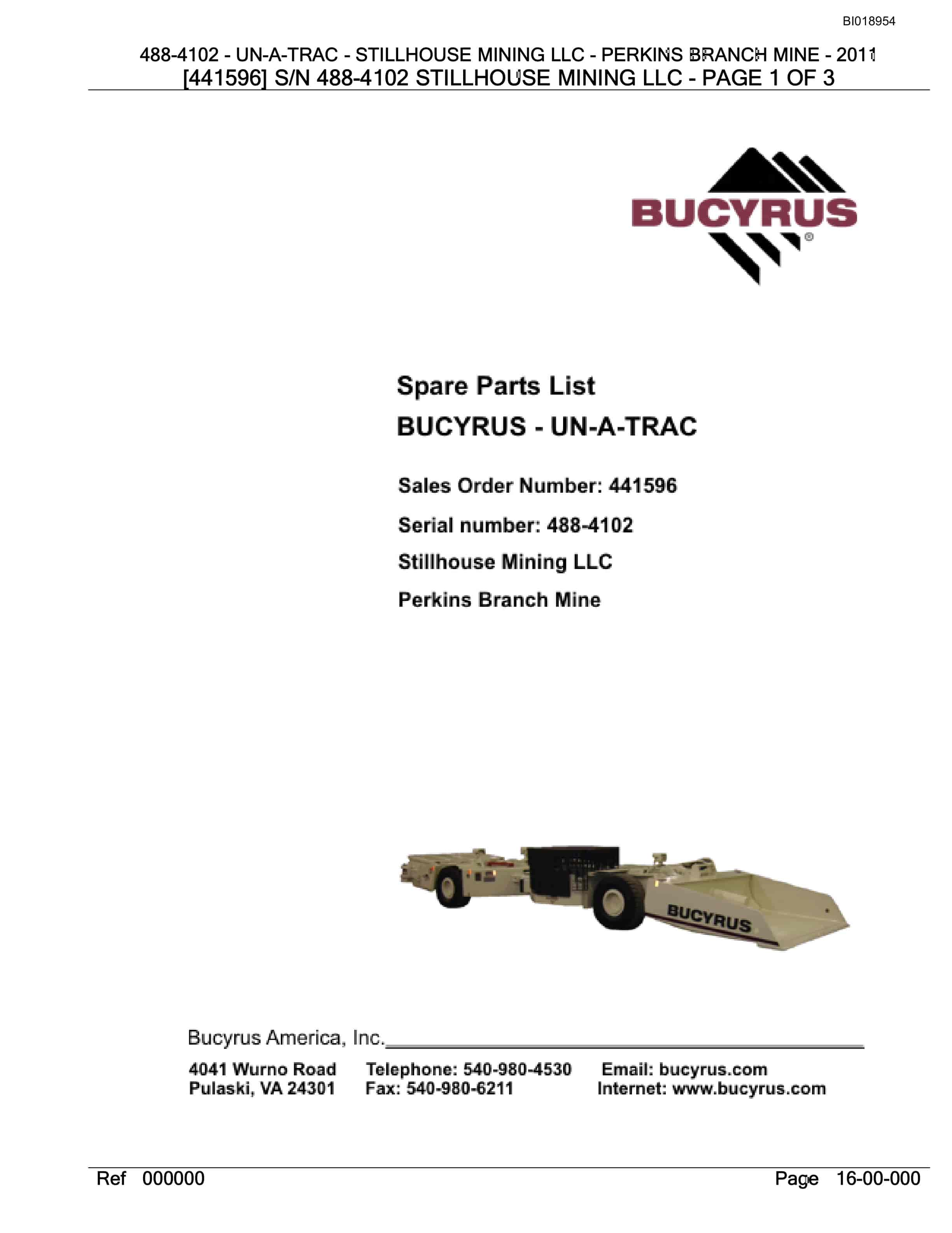 Bucyrus 488-4102 Stillhouse Mining LLC Spare Parts List BI018954