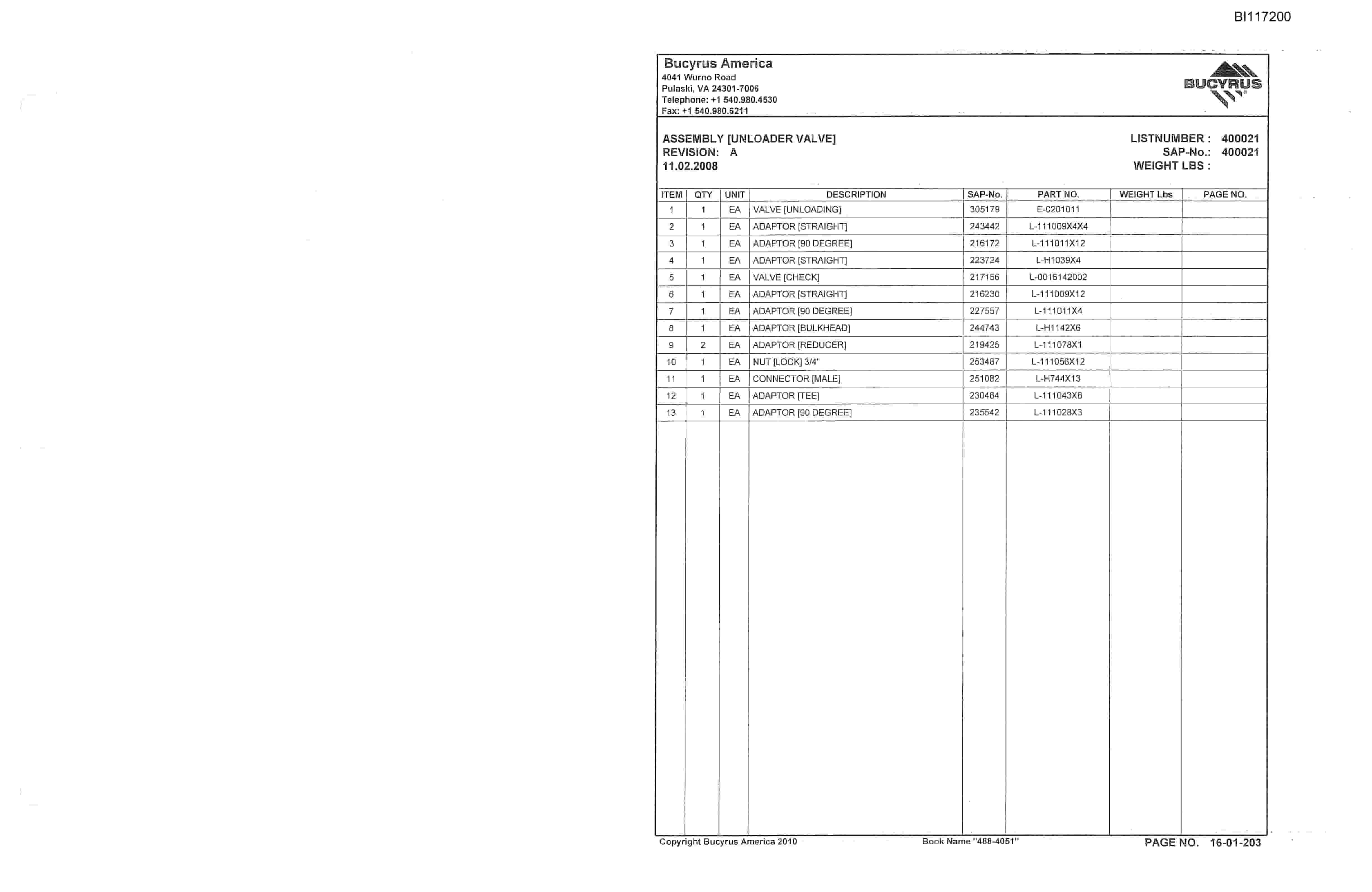 Bucyrus 488-5051 Parts Manual BI117200-4
