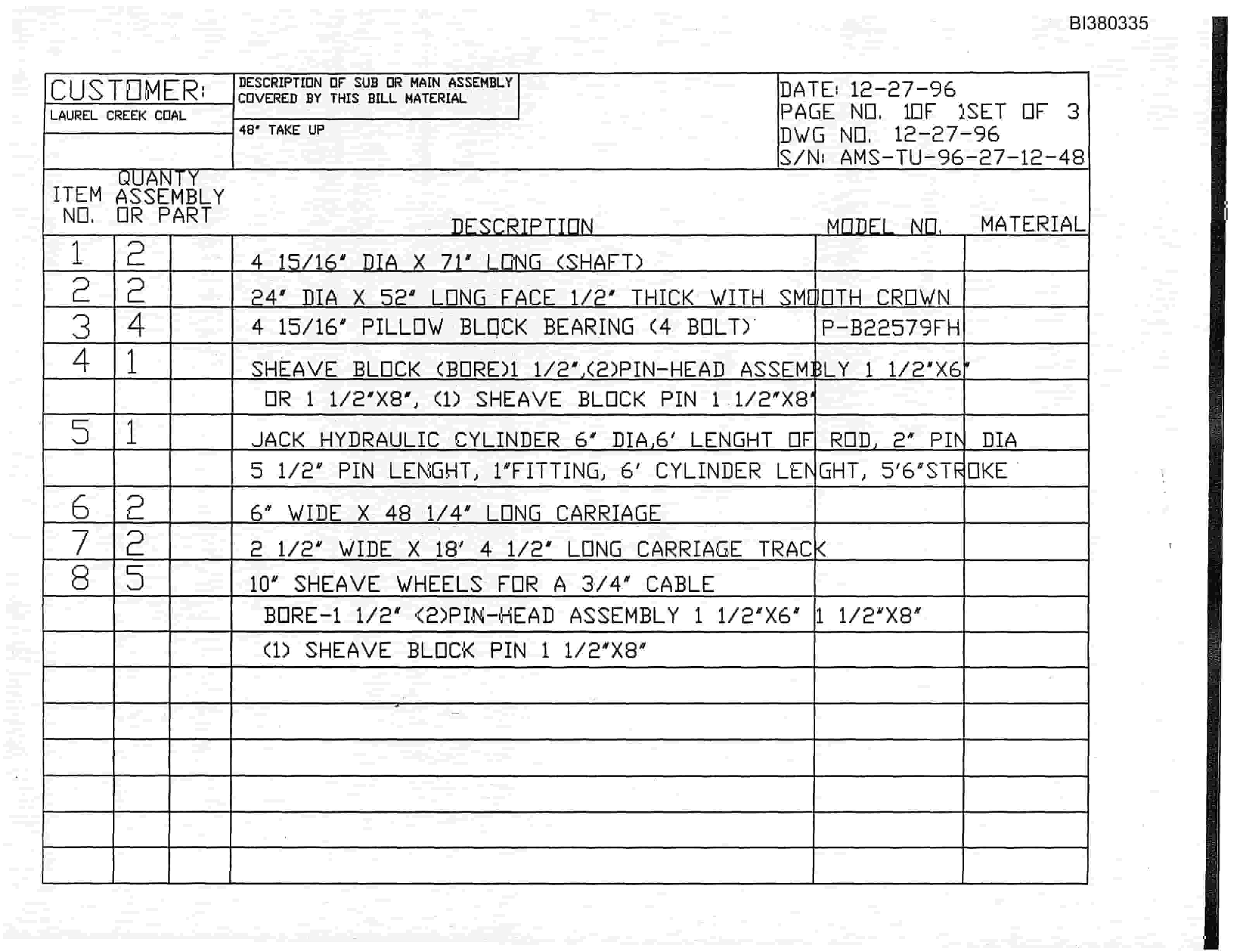 Bucyrus 48in Dual 100 Drive, Take-Up Parts Catalog BI380335-2