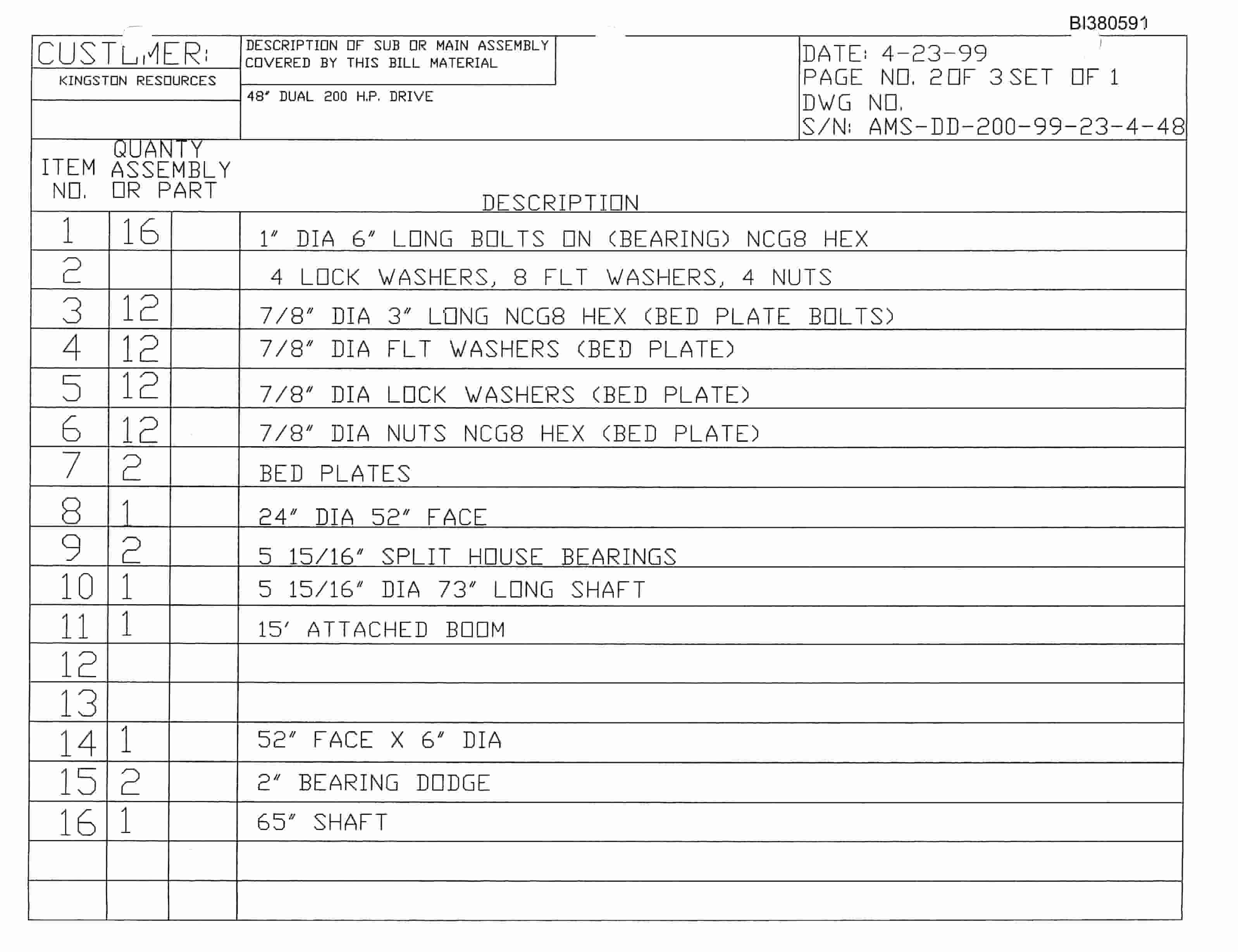 Bucyrus 48in Dual 200HP Drive Parts Catalog BI380591-3