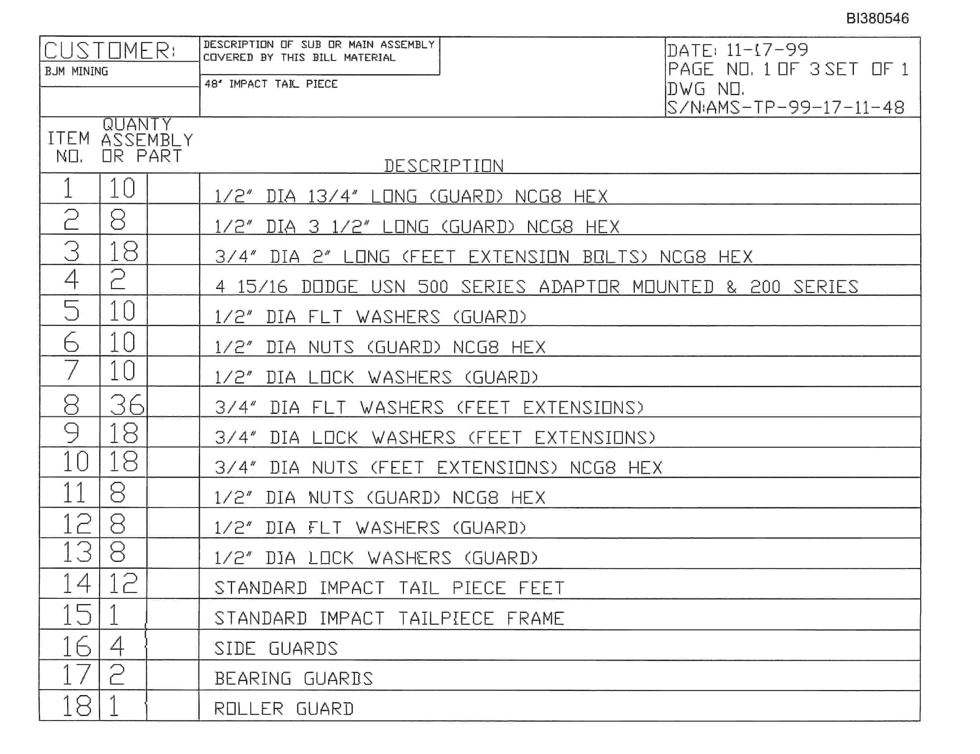Bucyrus 48in Dual Drive, Tailpiece Parts Catalog BI380546-2