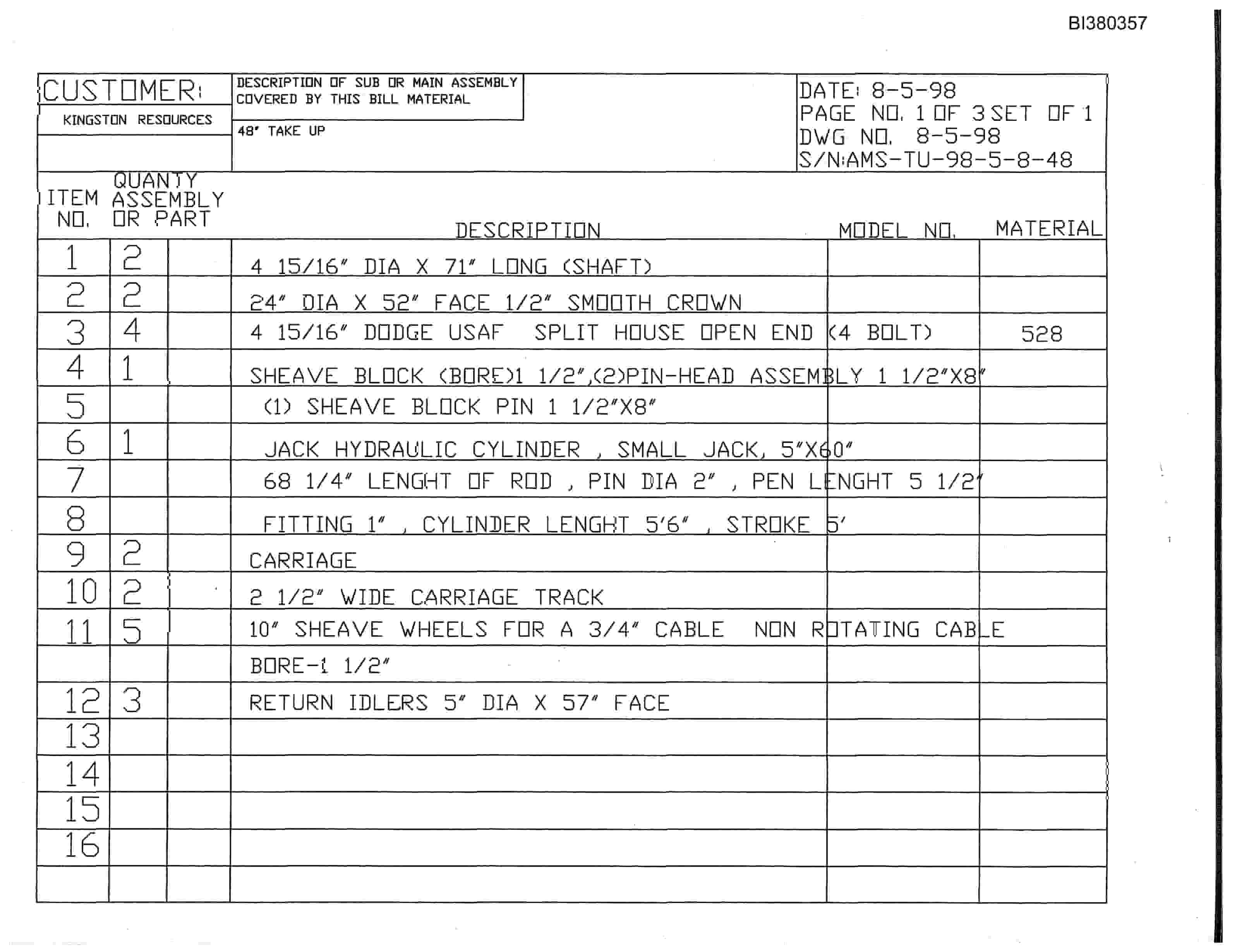 Bucyrus 48in Dual Drive, Take-Up, Tailpiece Parts Catalog BI380357-3