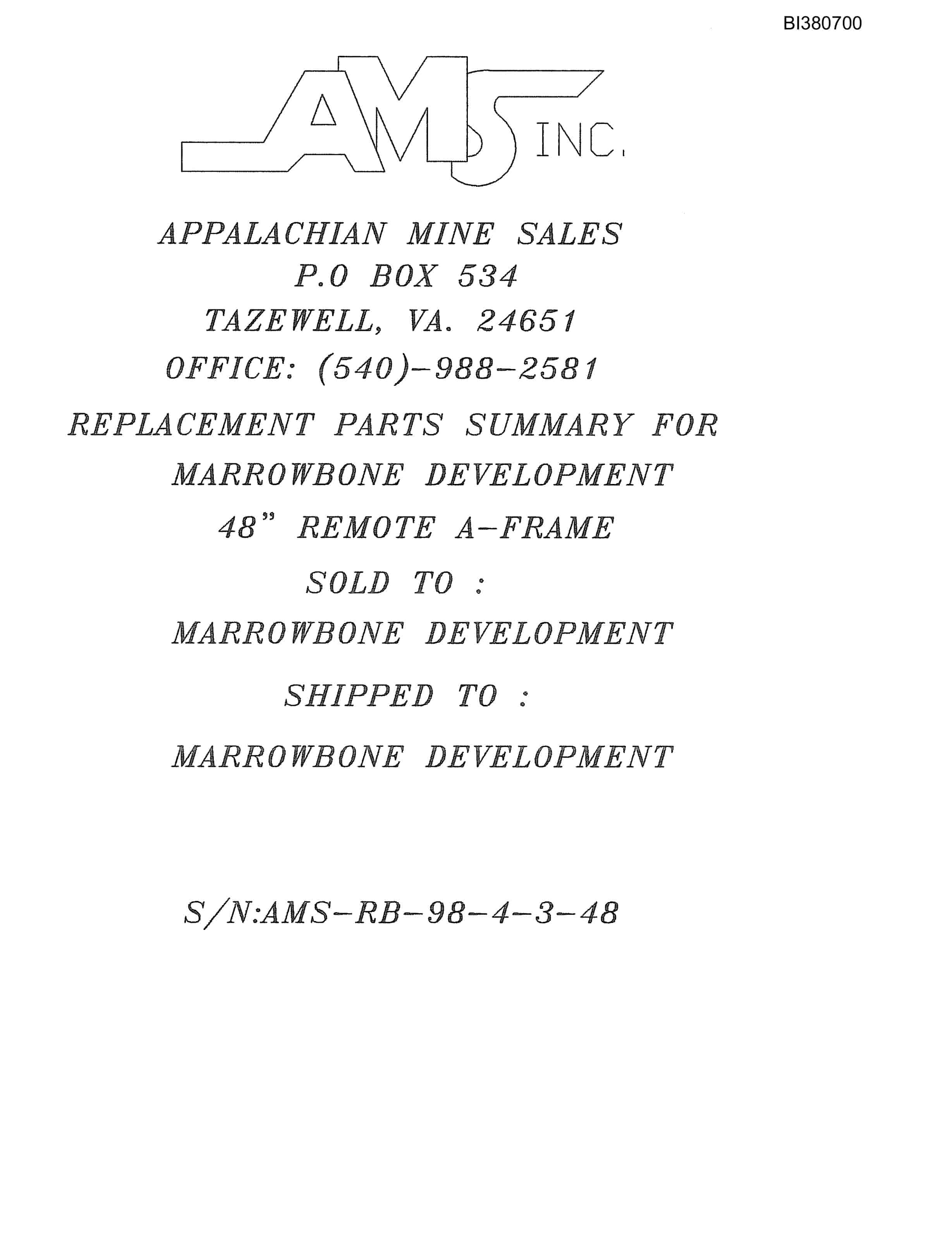 Bucyrus 48in Remote A-Frame Parts Catalog BI380700-2