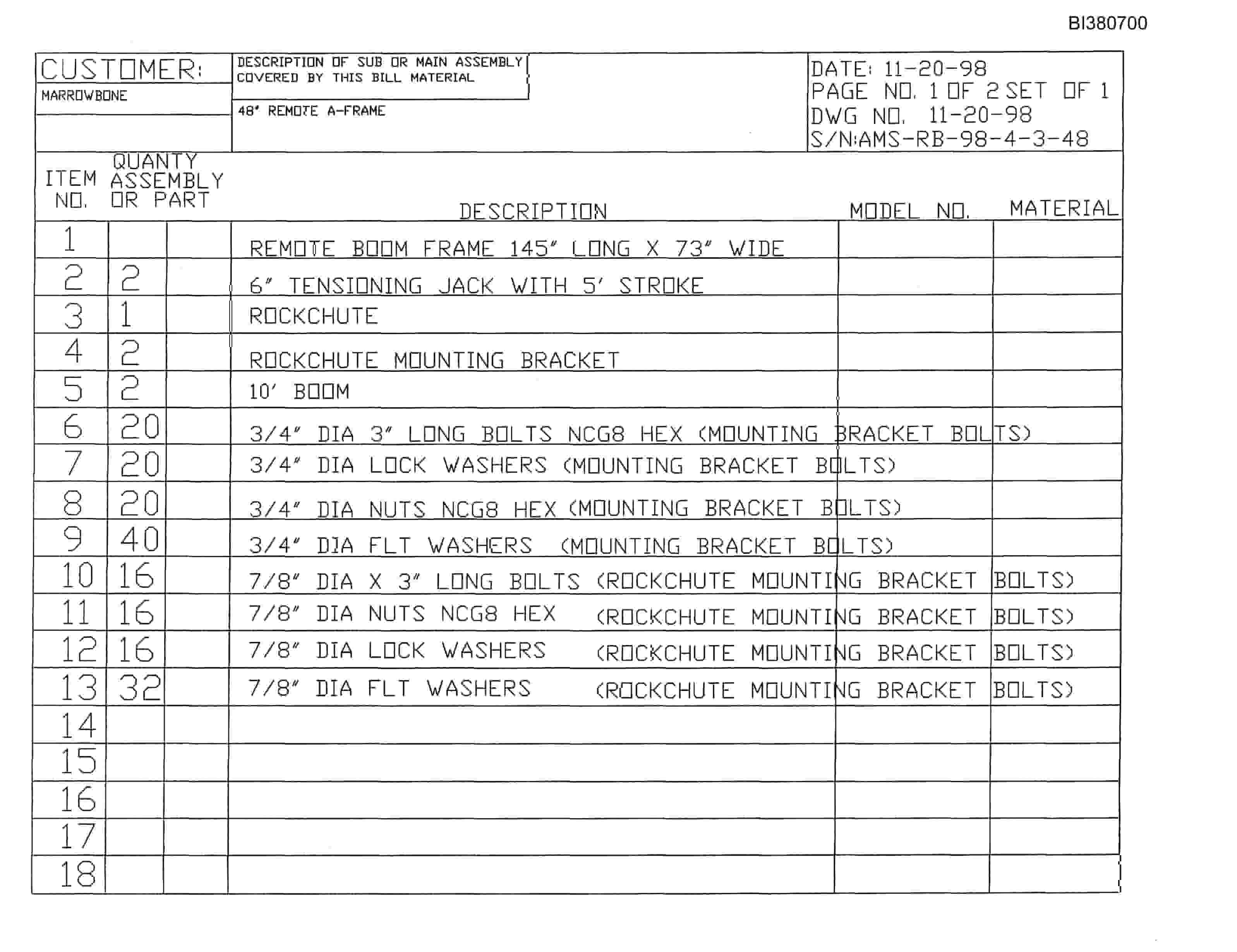 Bucyrus 48in Remote A-Frame Parts Catalog BI380700-3