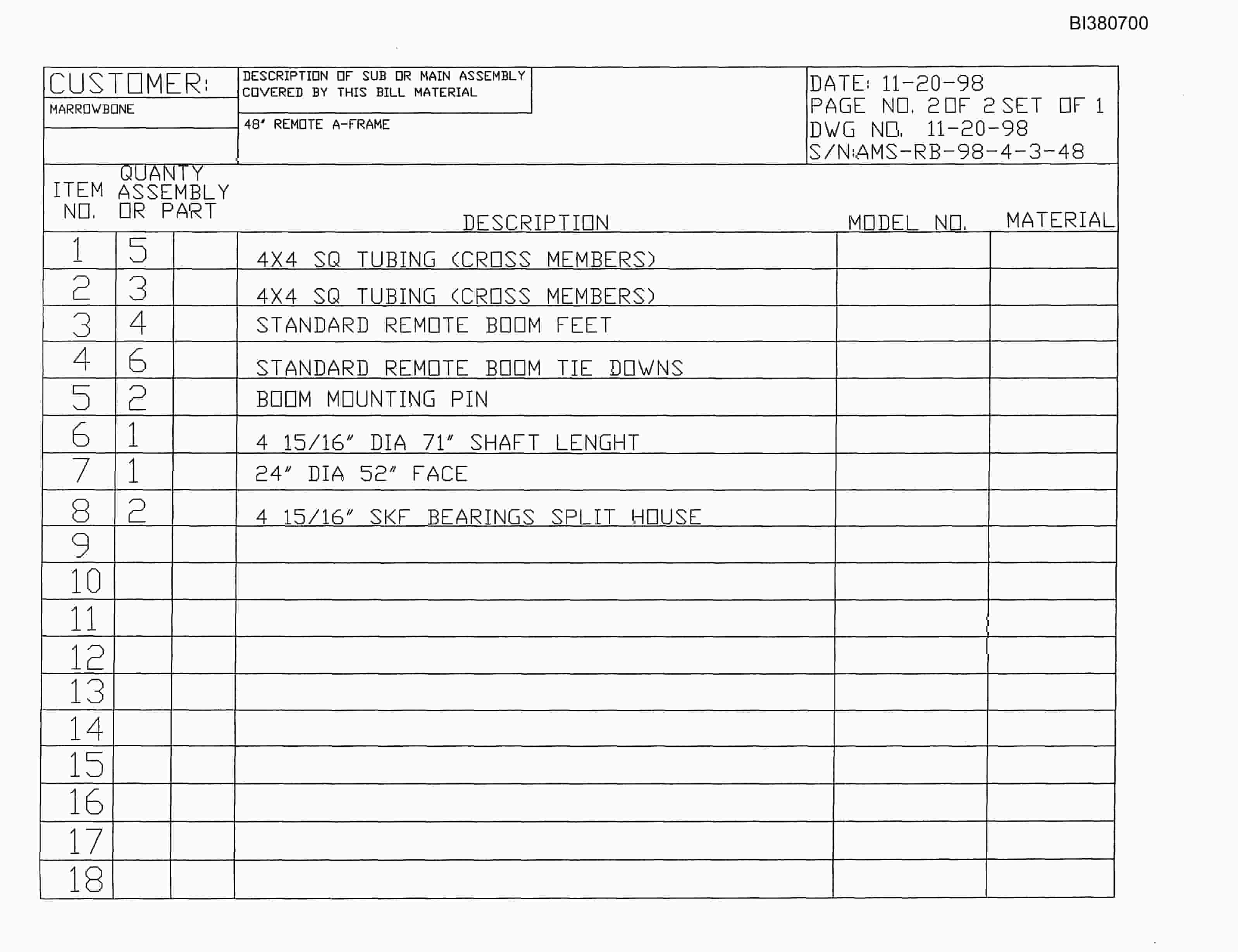 Bucyrus 48in Remote A-Frame Parts Catalog BI380700-5