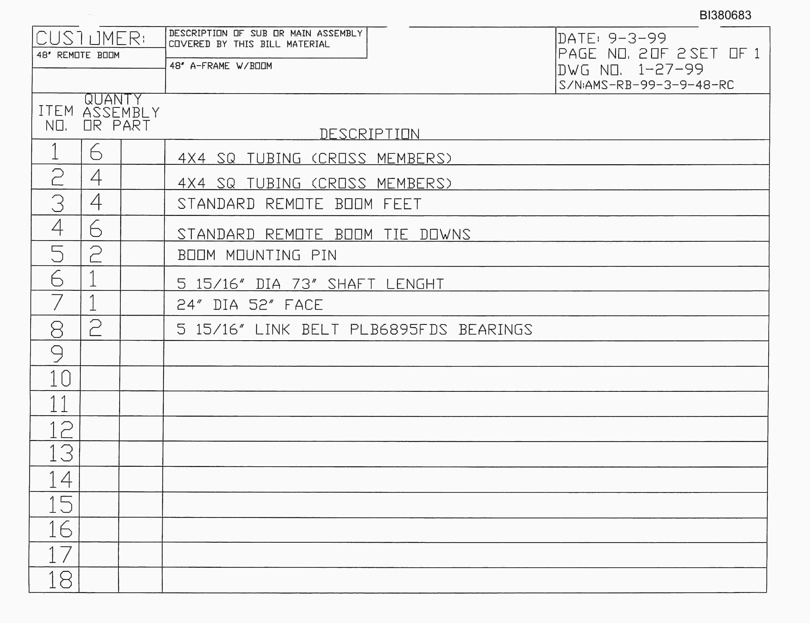 Bucyrus 48in Remote Boom, Stand And Rockchute Parts Catalog BI380683-2