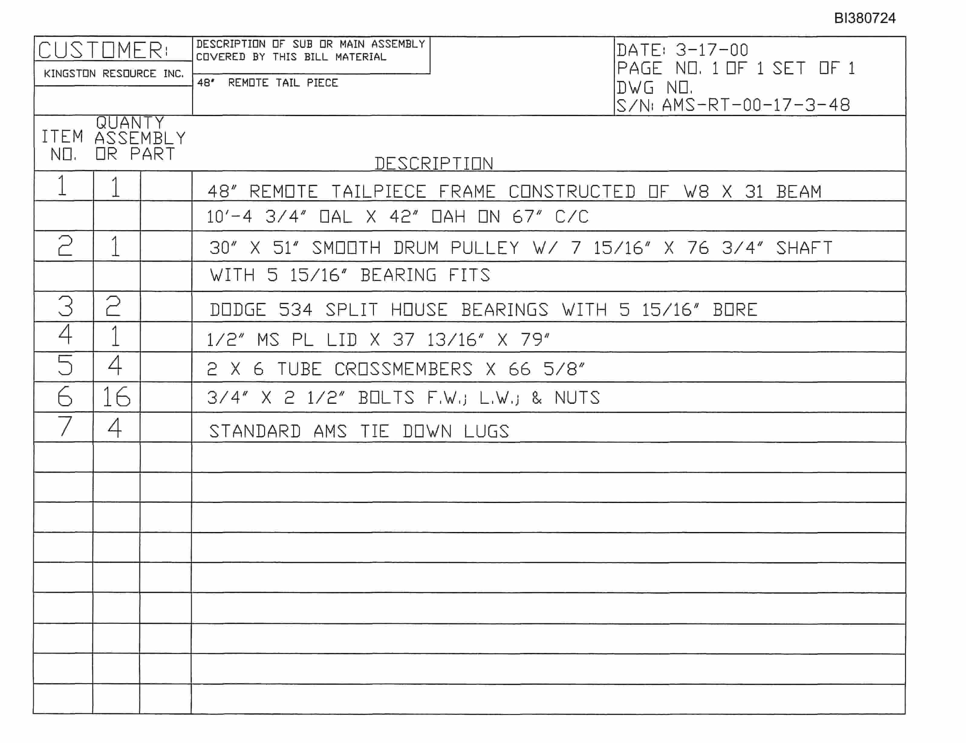 Bucyrus 48in Remote Tailpiece Parts Catalog BI380724-2