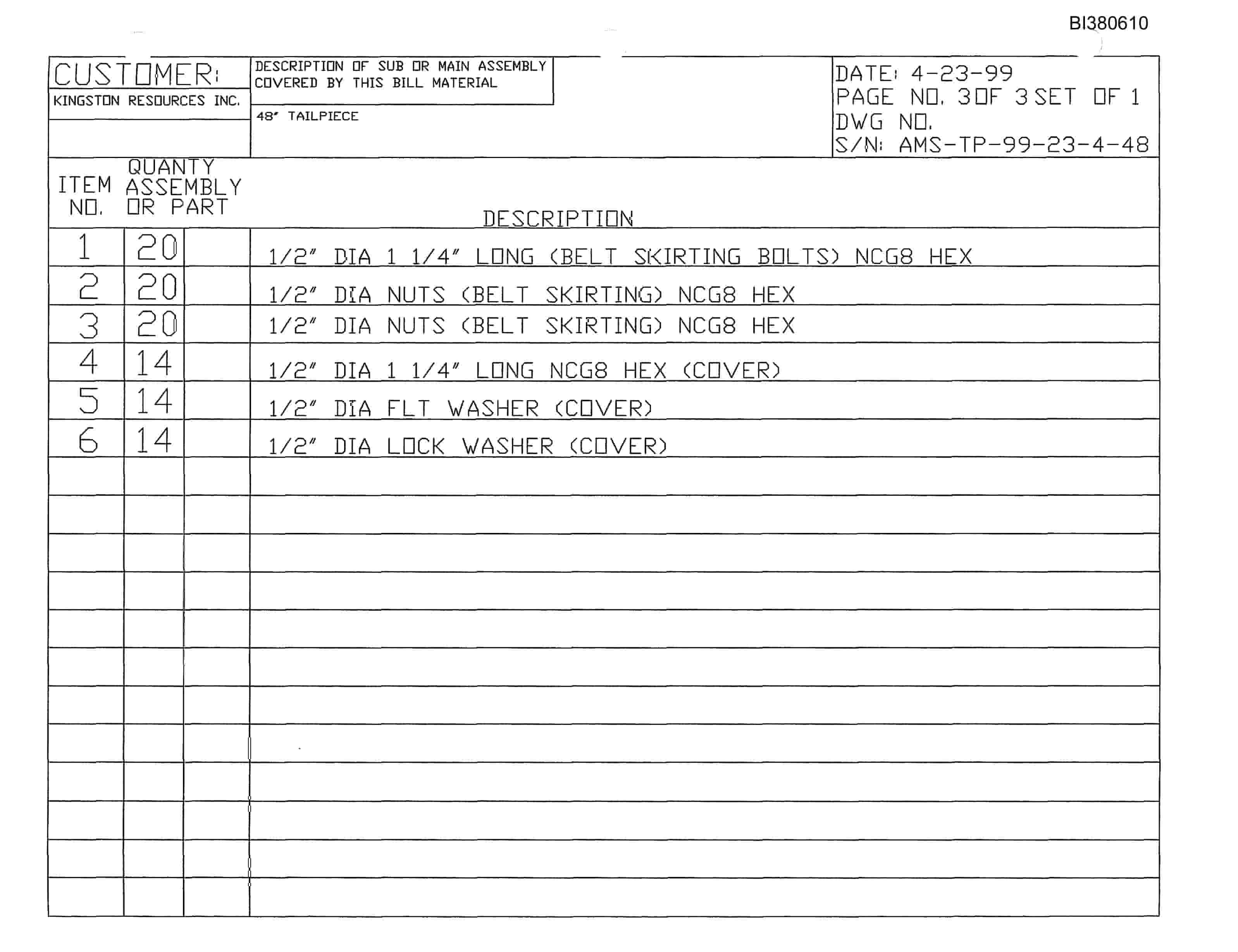 Bucyrus 48in Tailpiece Parts Catalog BI380610-5