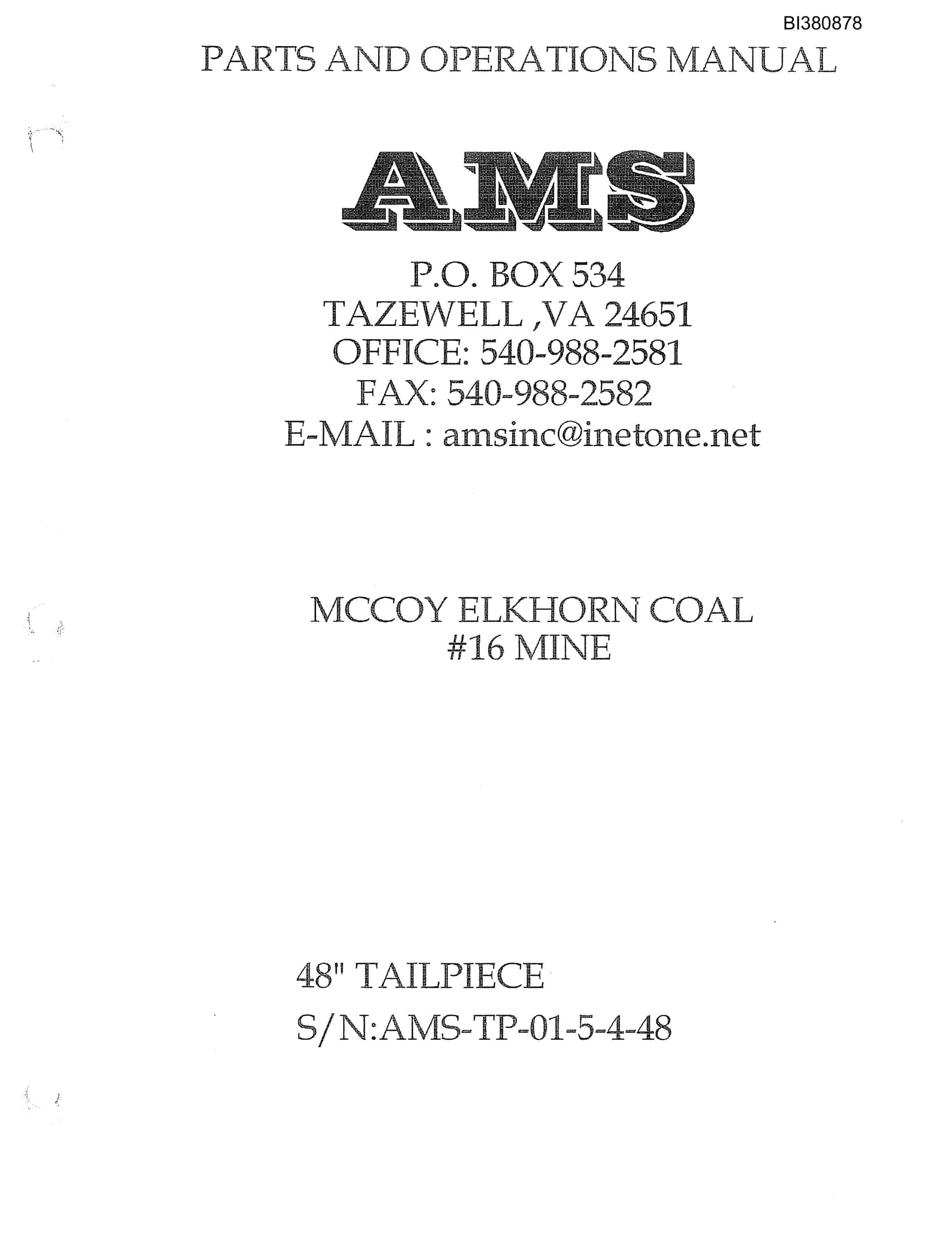 Bucyrus 48in Tailpiece Parts Catalog BI380878-4