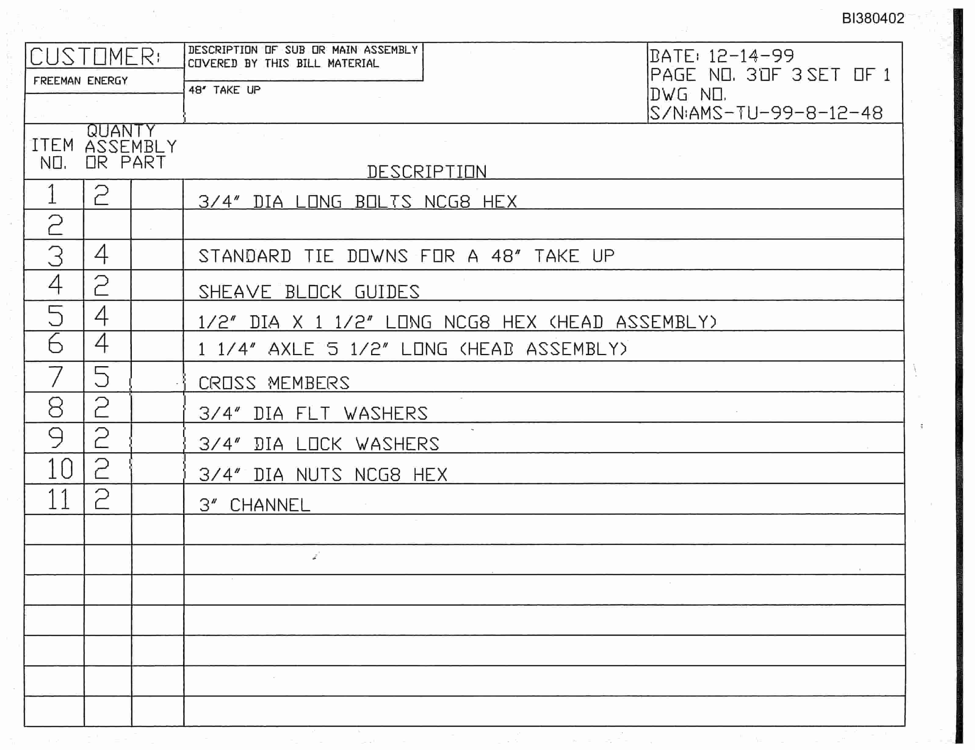 Bucyrus 48in Take-Up Parts Catalog BI380402-4