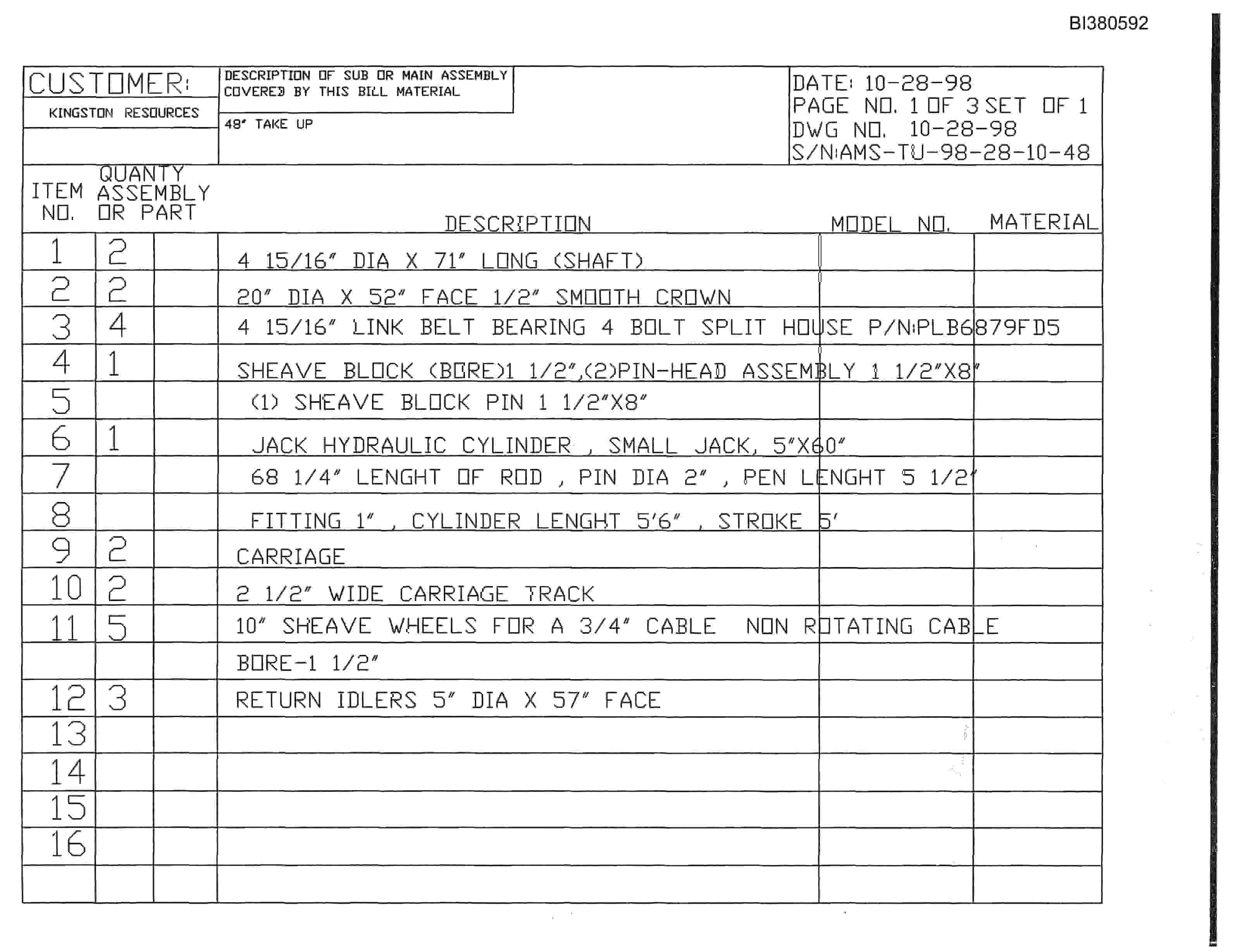 Bucyrus 48in Take-Up Parts Catalog BI380592-2