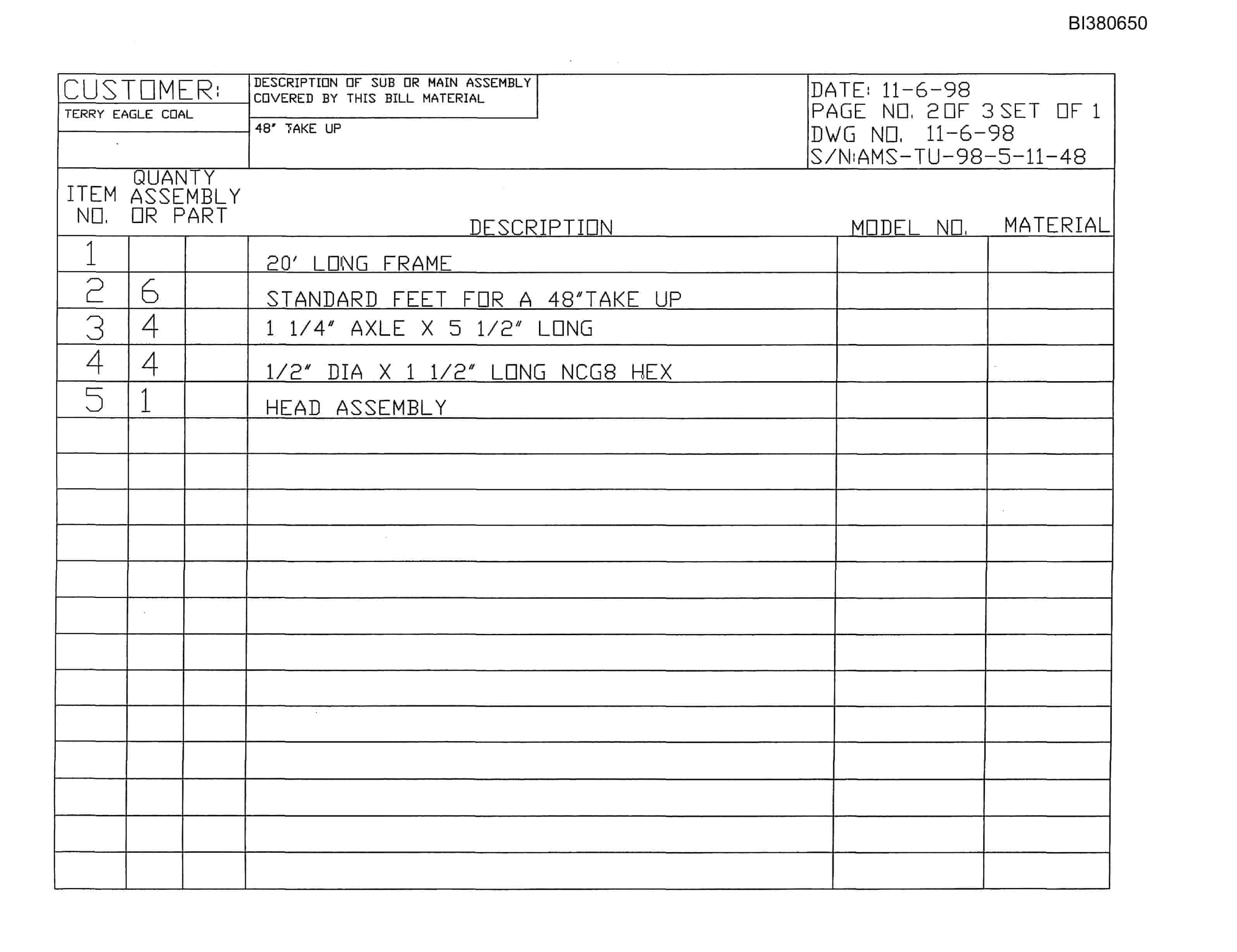 Bucyrus 48in Take-Up Parts Catalog BI380650-3